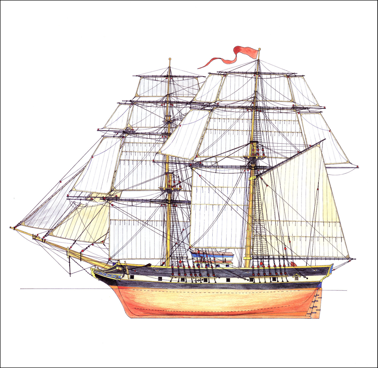 2000 Vintage Ship Print Mercantile Brig 19th Century Merchantman Merchant Ships