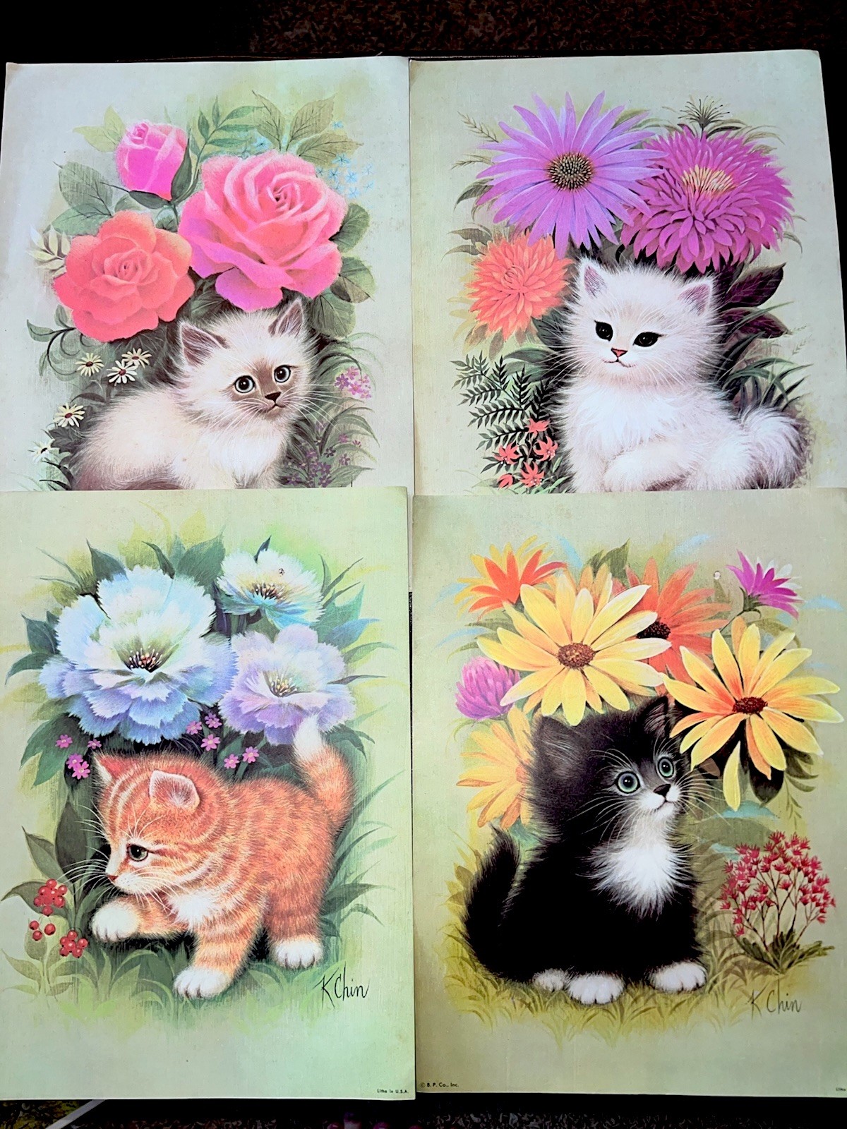 K Chin Litho Prints~Kittens & Flowers ~Vintage 9×12 prints B.P. Co USA Set of 4