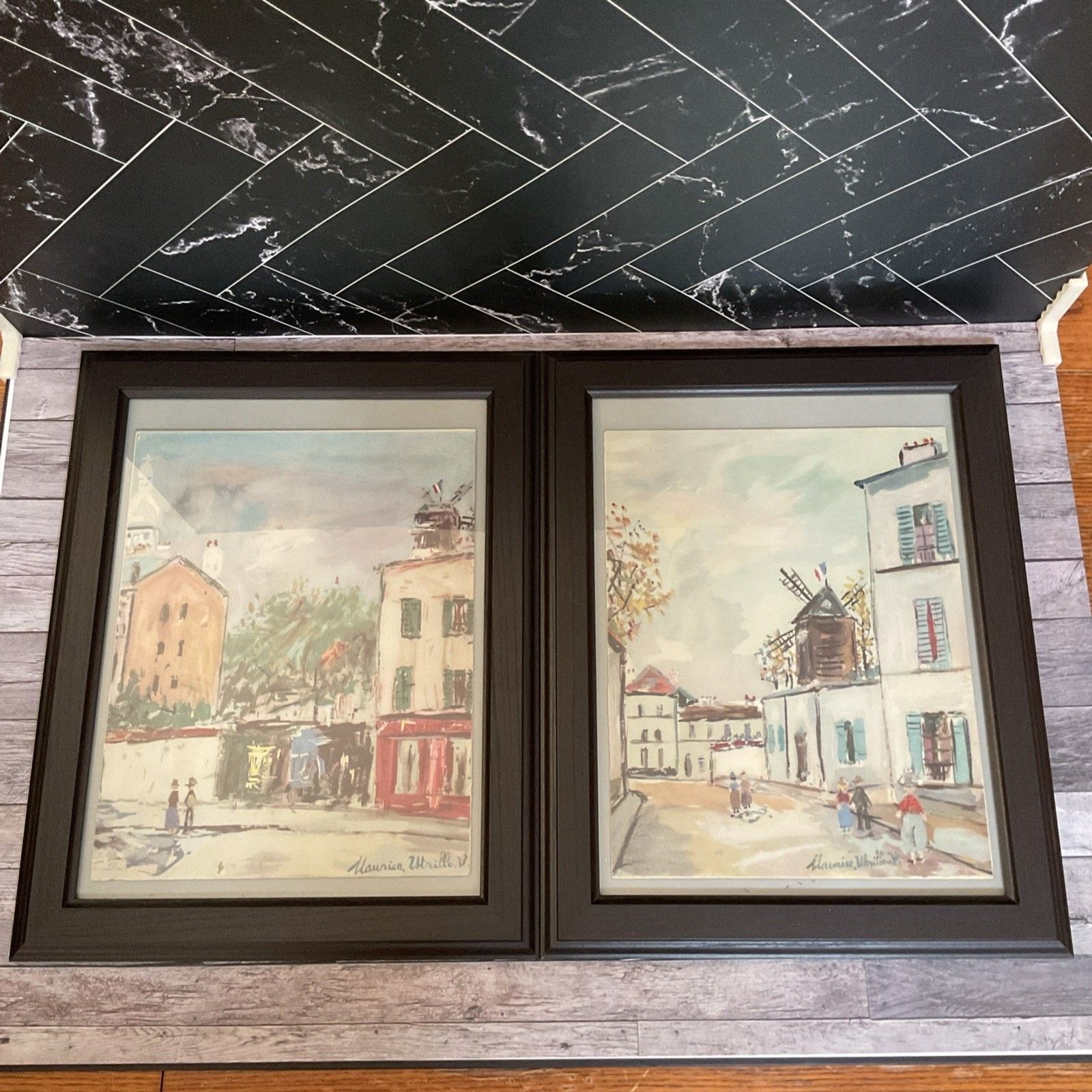 Pair of Framed Vintage MAURICE UTRILLO Signed Prints 14” x 11”