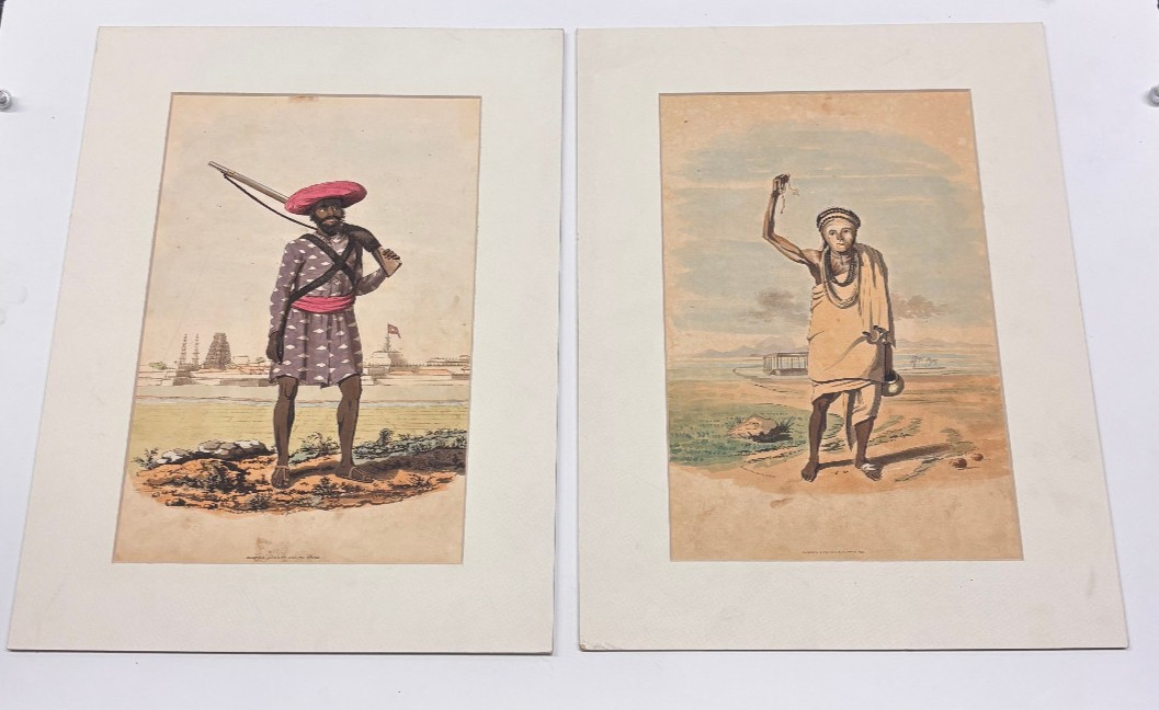 Hand Colored Aquatint Pair Captain Charles Gold Oriental Drawings 1799 Indian