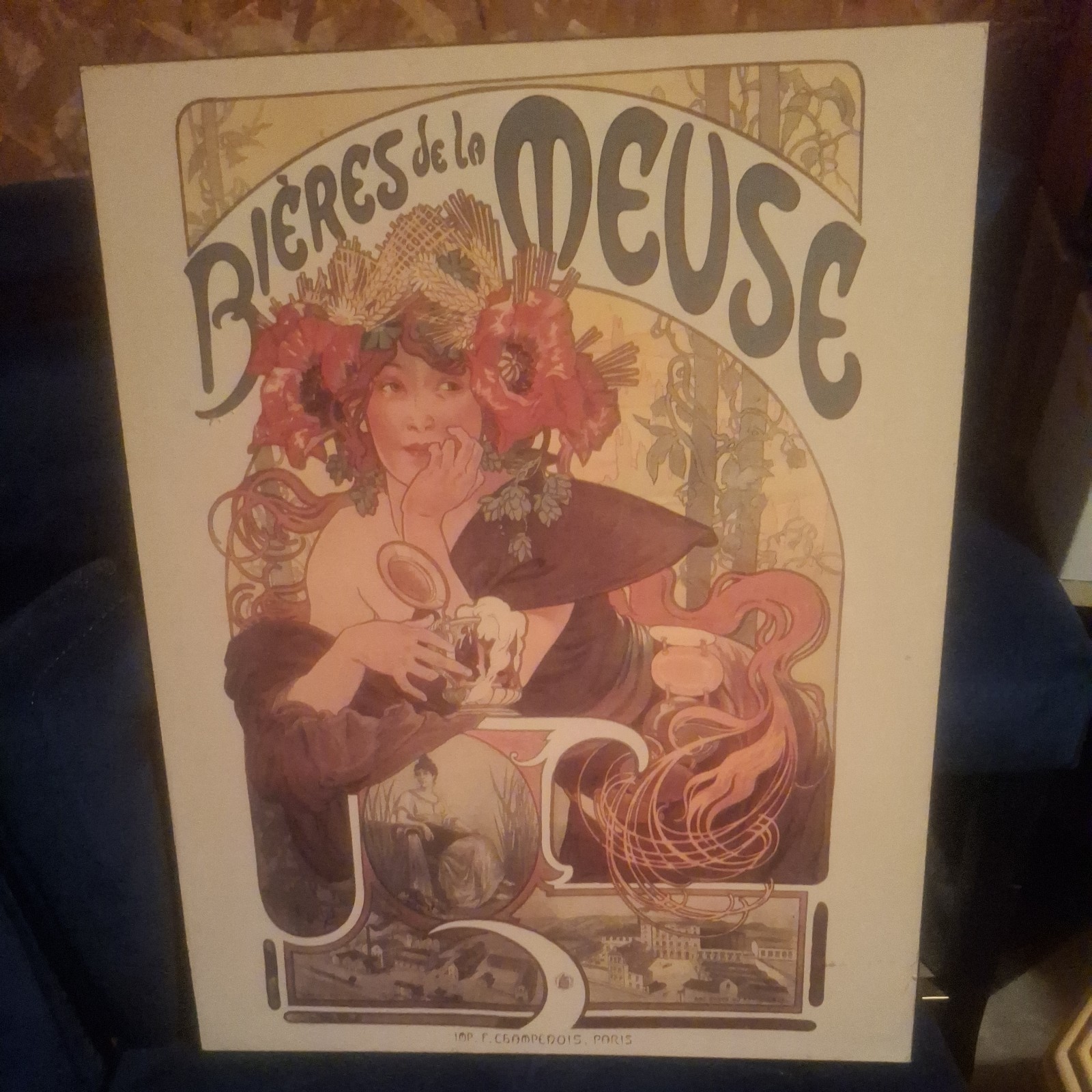 Art Nouveau *BIERES de la MEUSE by Alphonse Mucha Poster on Hard Board 20”x 16”