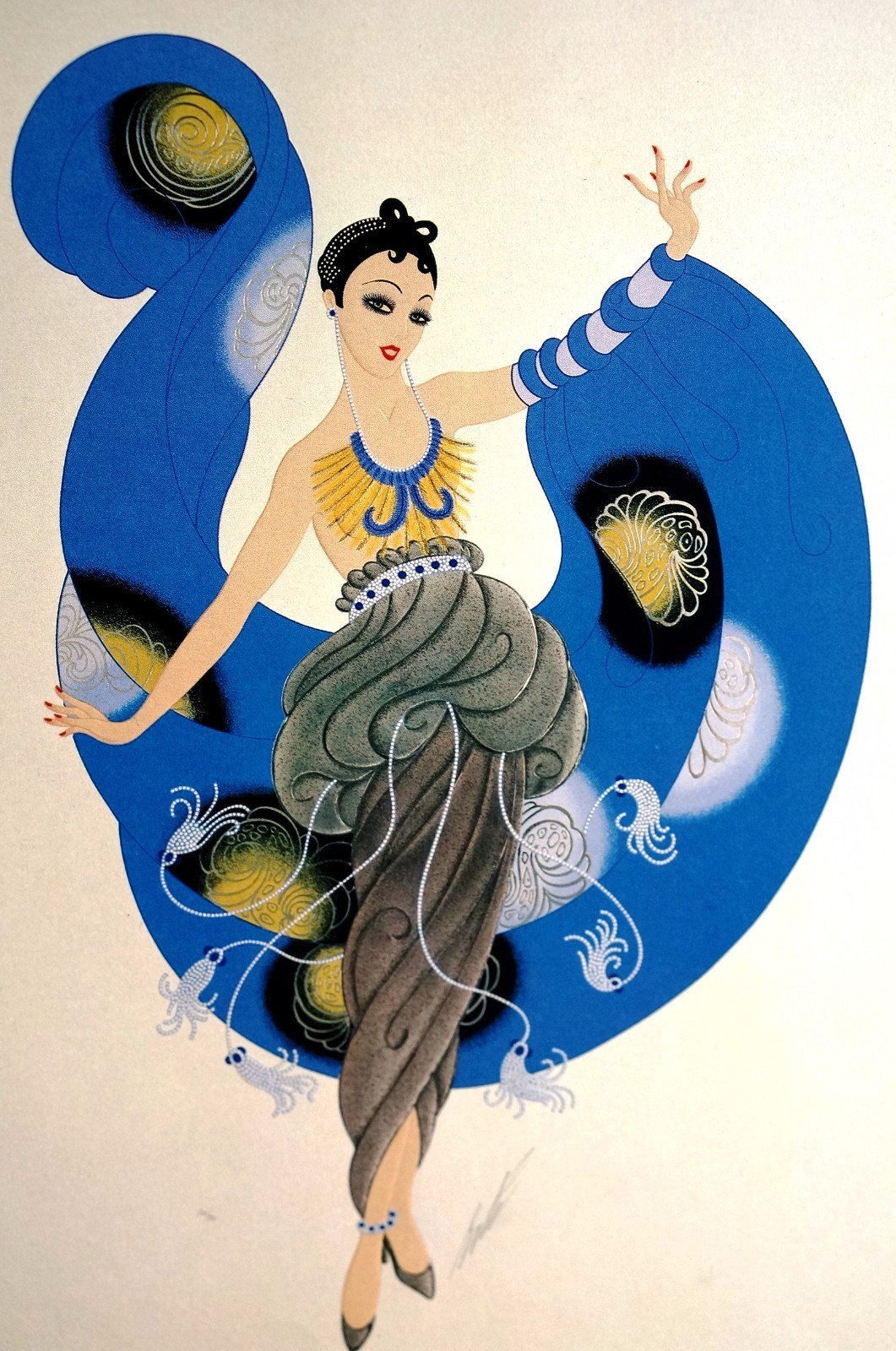 Erte 1987 A DREAM LADY in BLUE Bracelets Necklace Tassels Art Deco Matted Print