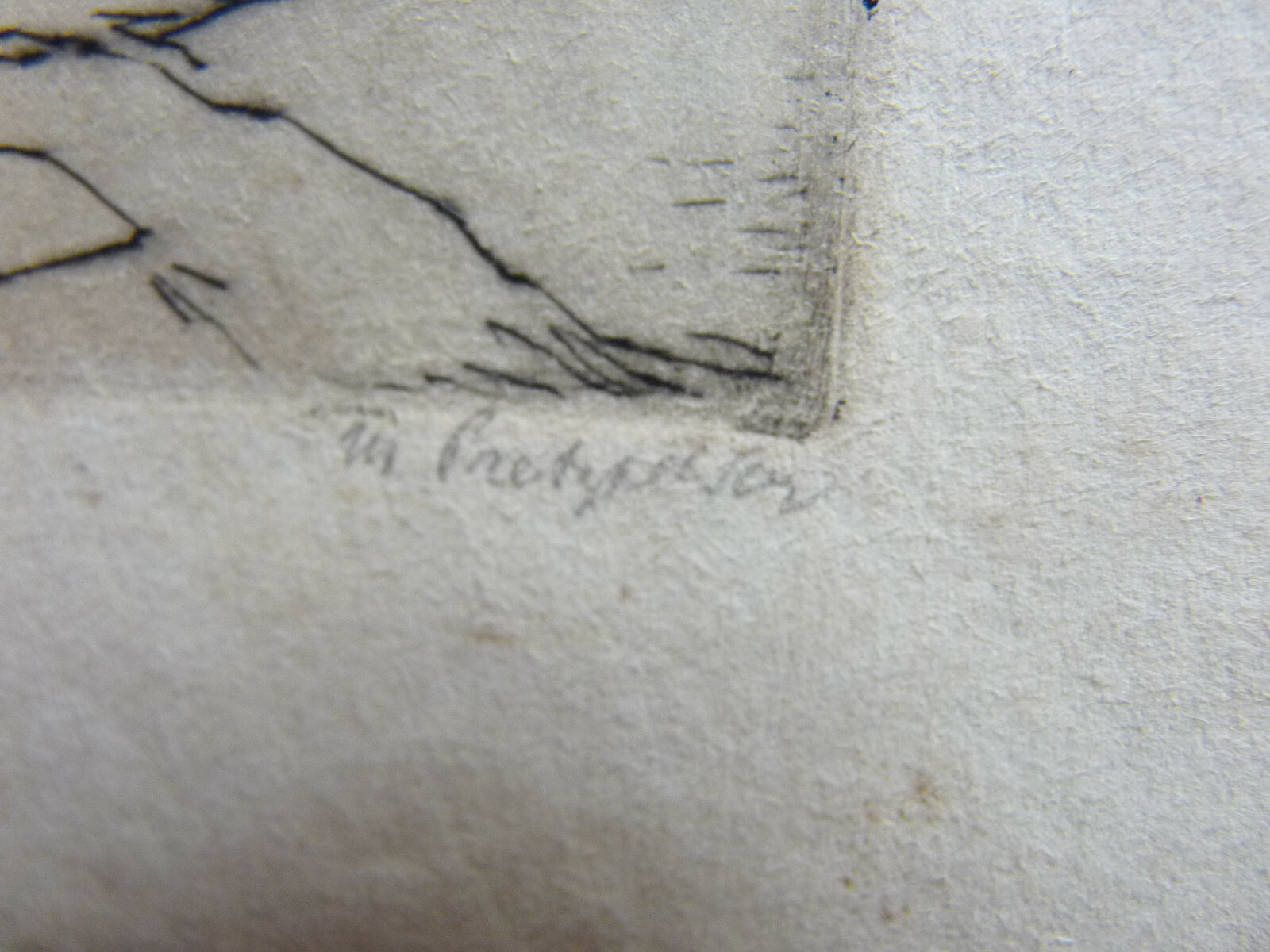Old European Pencil Signed Etching By Unknown Artist – Shore Scene