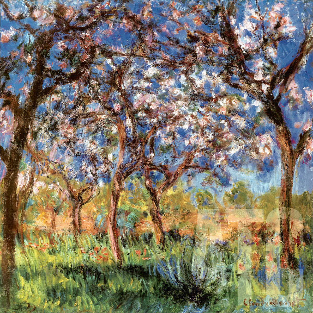 32Wx32H” SPRING IN GIVERNY by CLAUDE MONET – GARDEN TREES BLOSSOMS MELODY CANVAS
