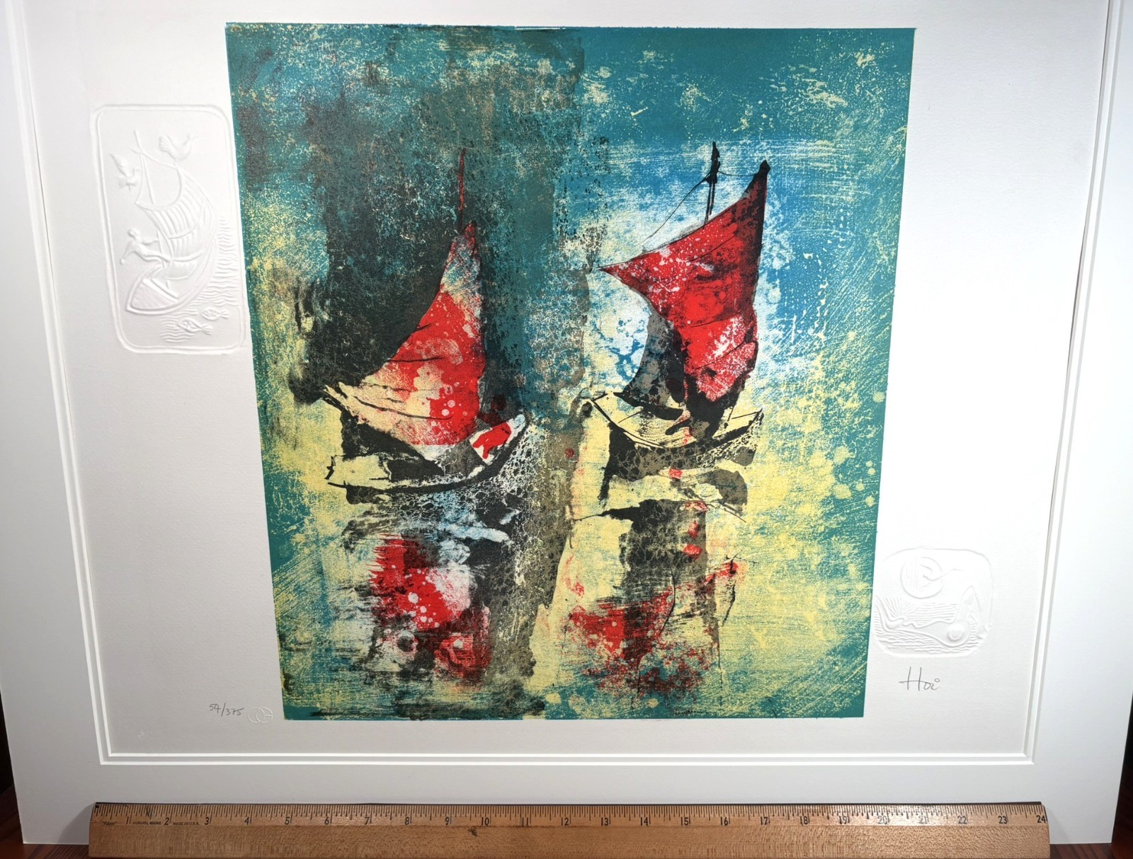 VIETNAM ARTIST HOI LEBADANG ABSTRACT RED SAILBOATS SIGNED & NUMBERED LITHOGRAPH