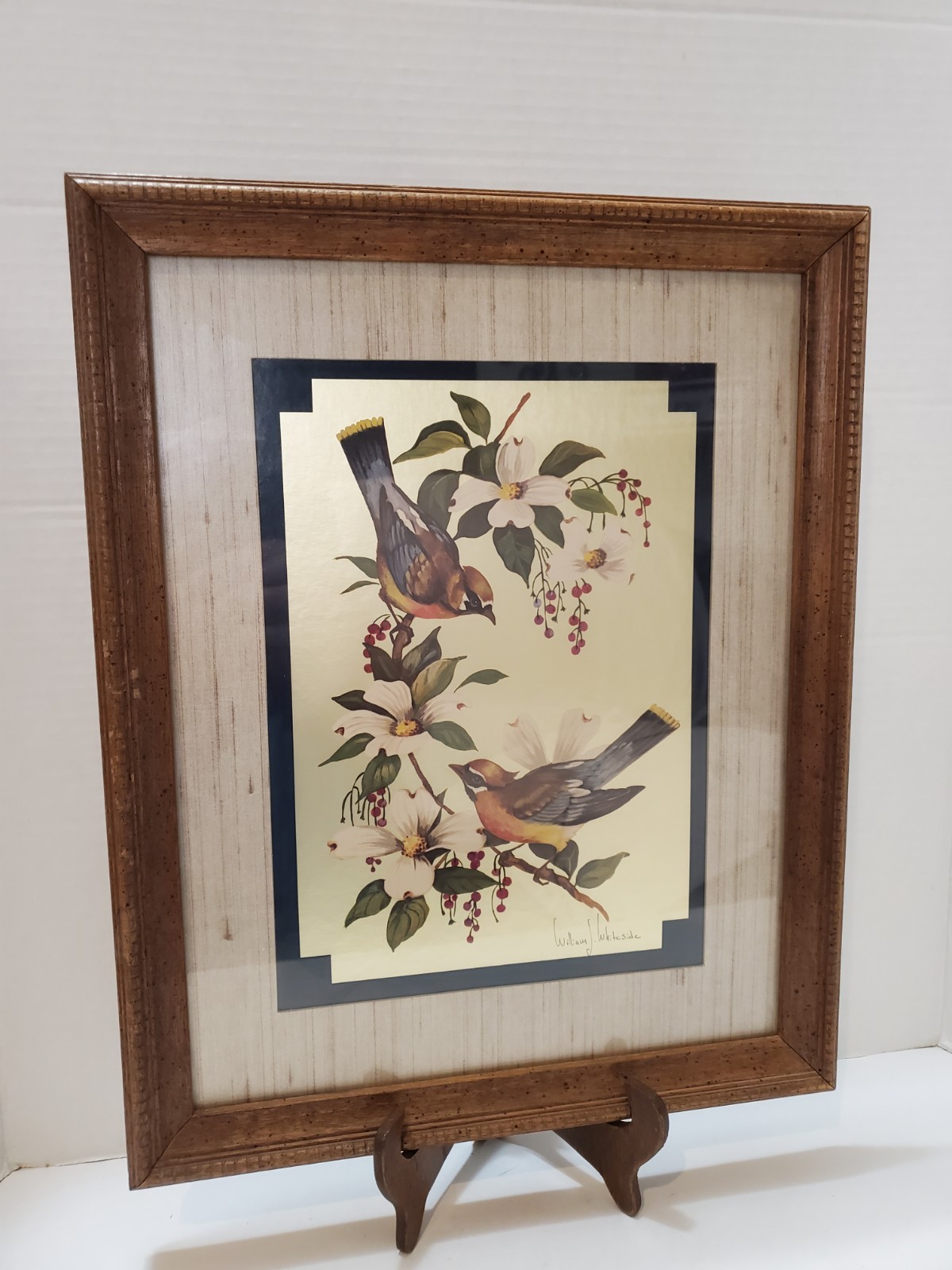 William J. Whiteside Art Print Birds On Dogwood Gold Foil Backing With Signature