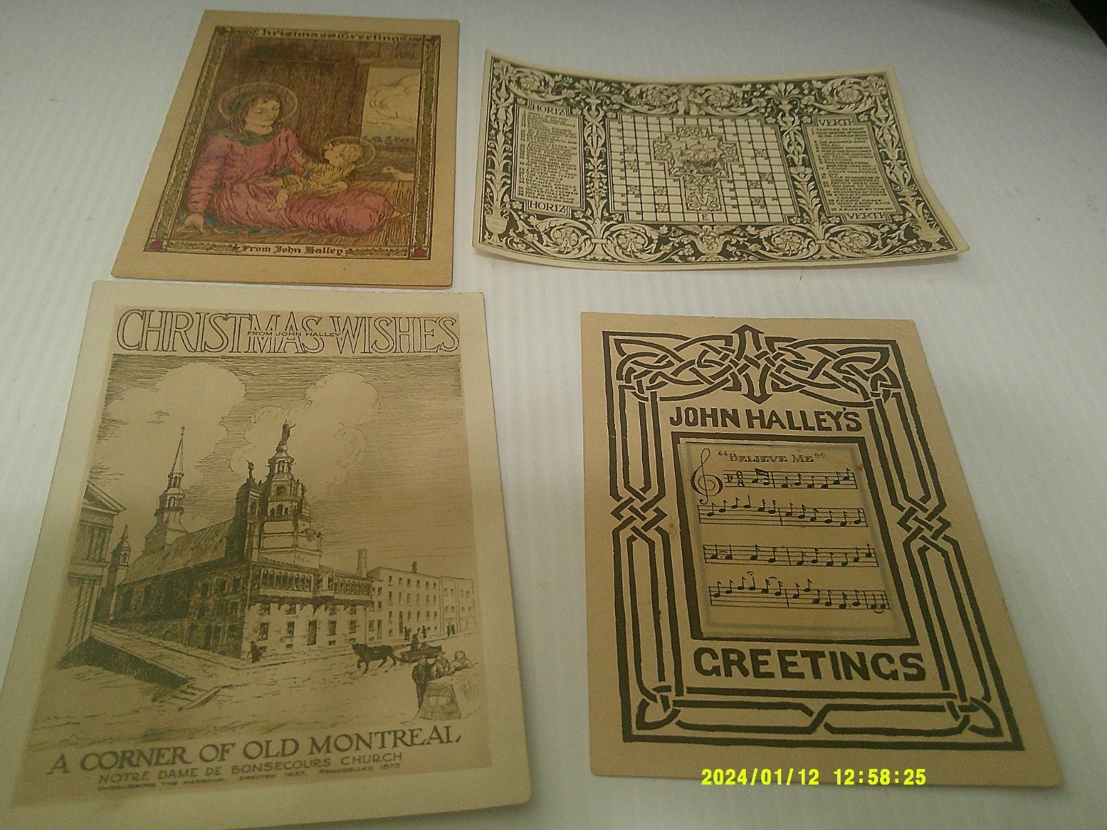 LOT OF 3 1929 JOHN HALLEY CHRISTMAS CARDS, PLUS ONE CROSSWORD CARD,
