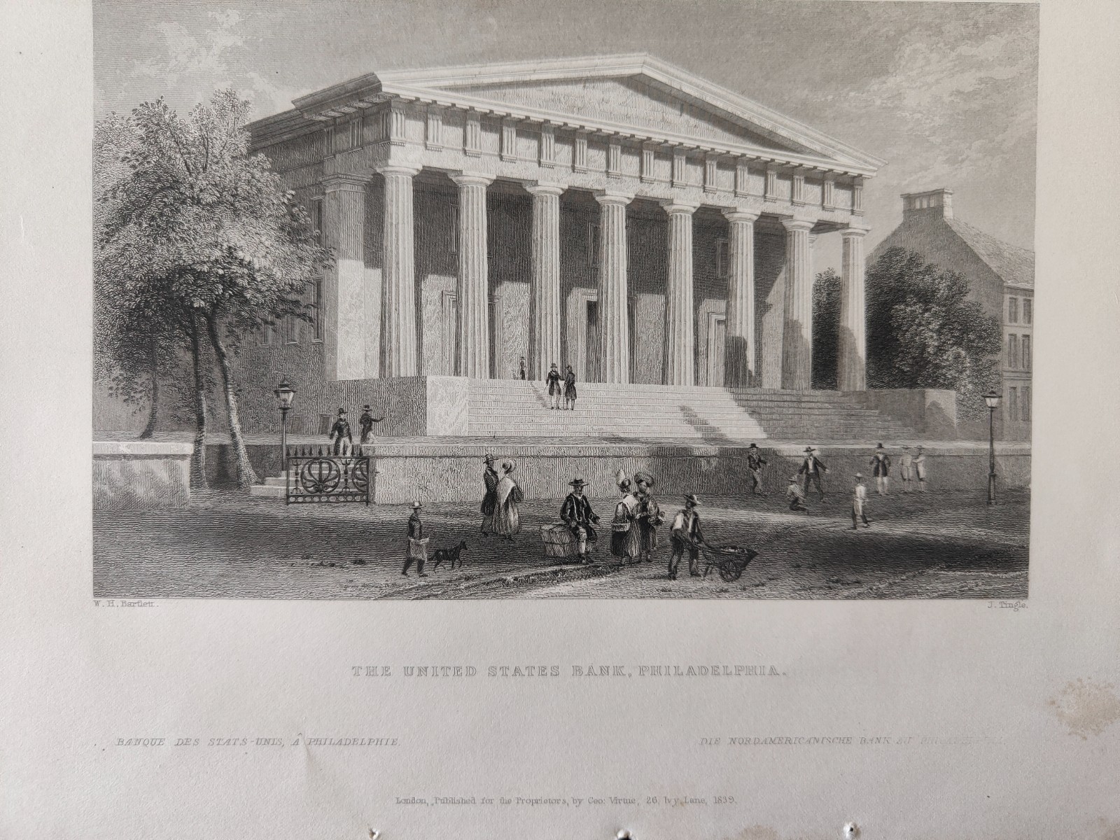 ANTIQ.ORIG.B/W ENGR.-LANDSC/ARCHITECT-THE UNITED STATES BANK,PHILADELPHIA-1839