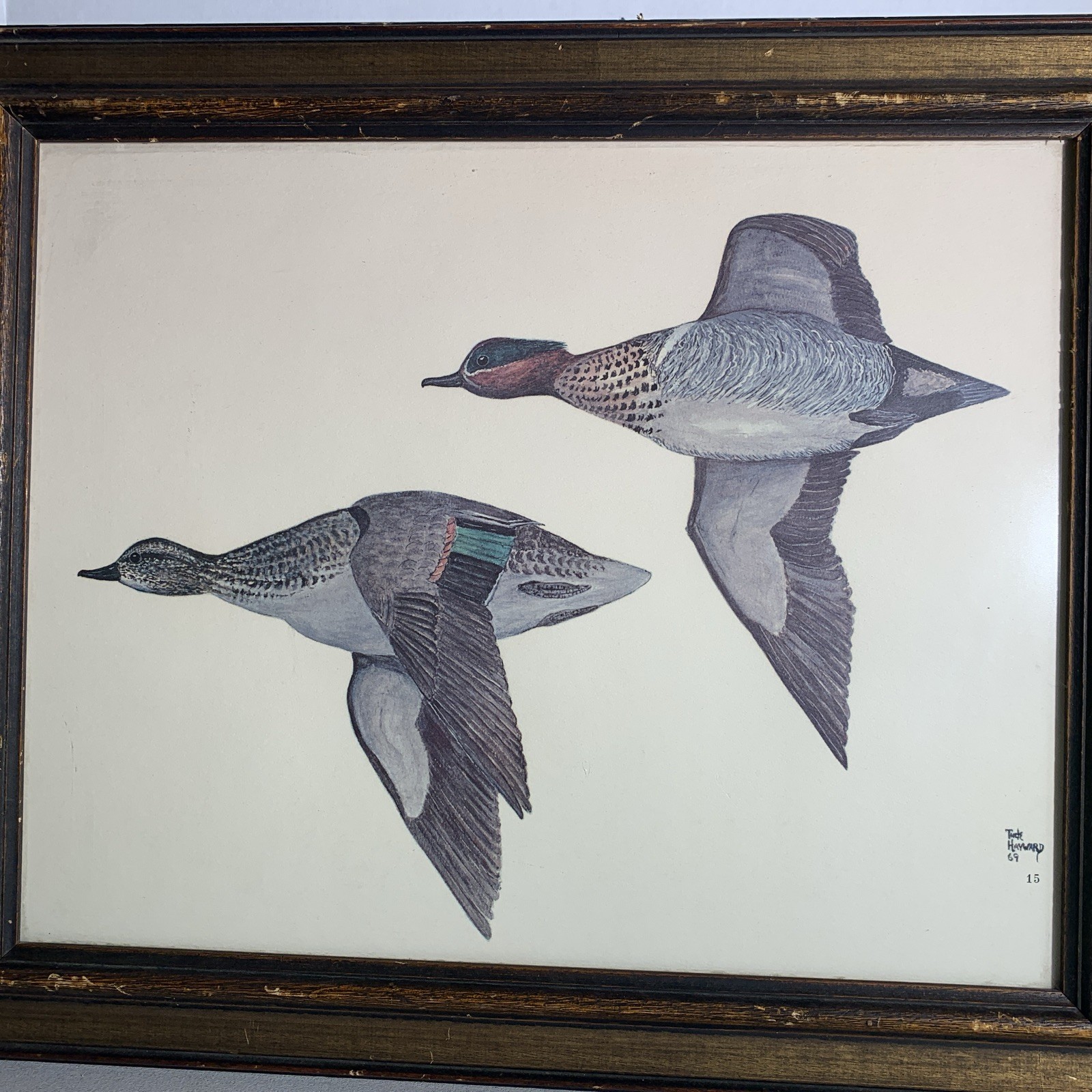 Vintage Framed Art Print Flying Ducks Birds Signed Tuck Hayward 1969 #15