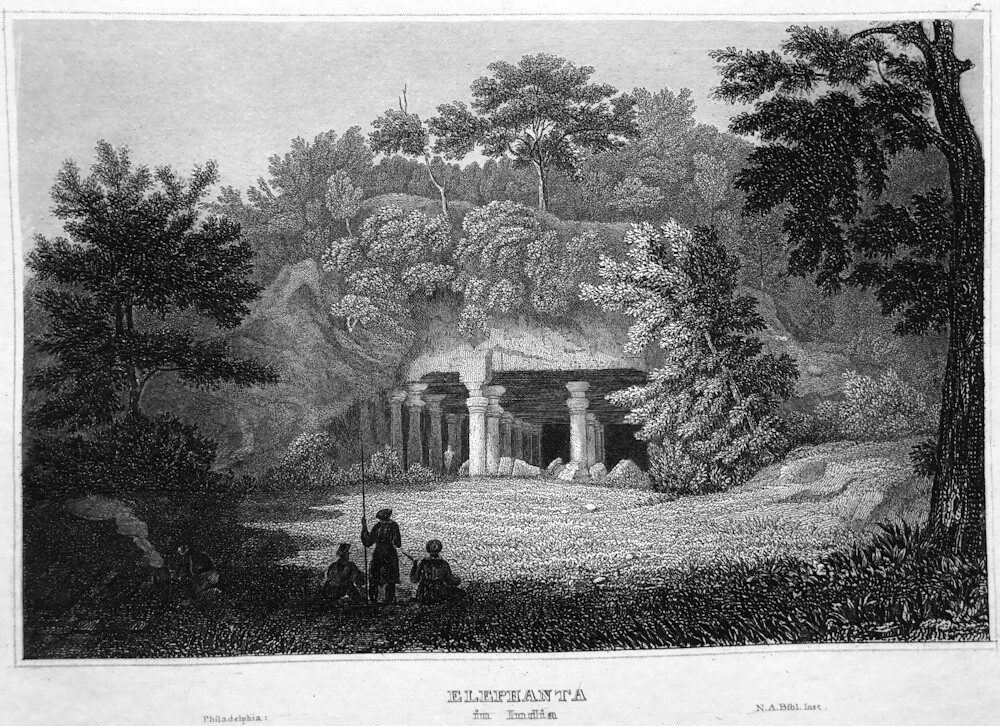 India, ELEPHANTA CAVES ISLAND MUMBAI HINDU GOD SHIVA ~ 1834 Art Print Engraving