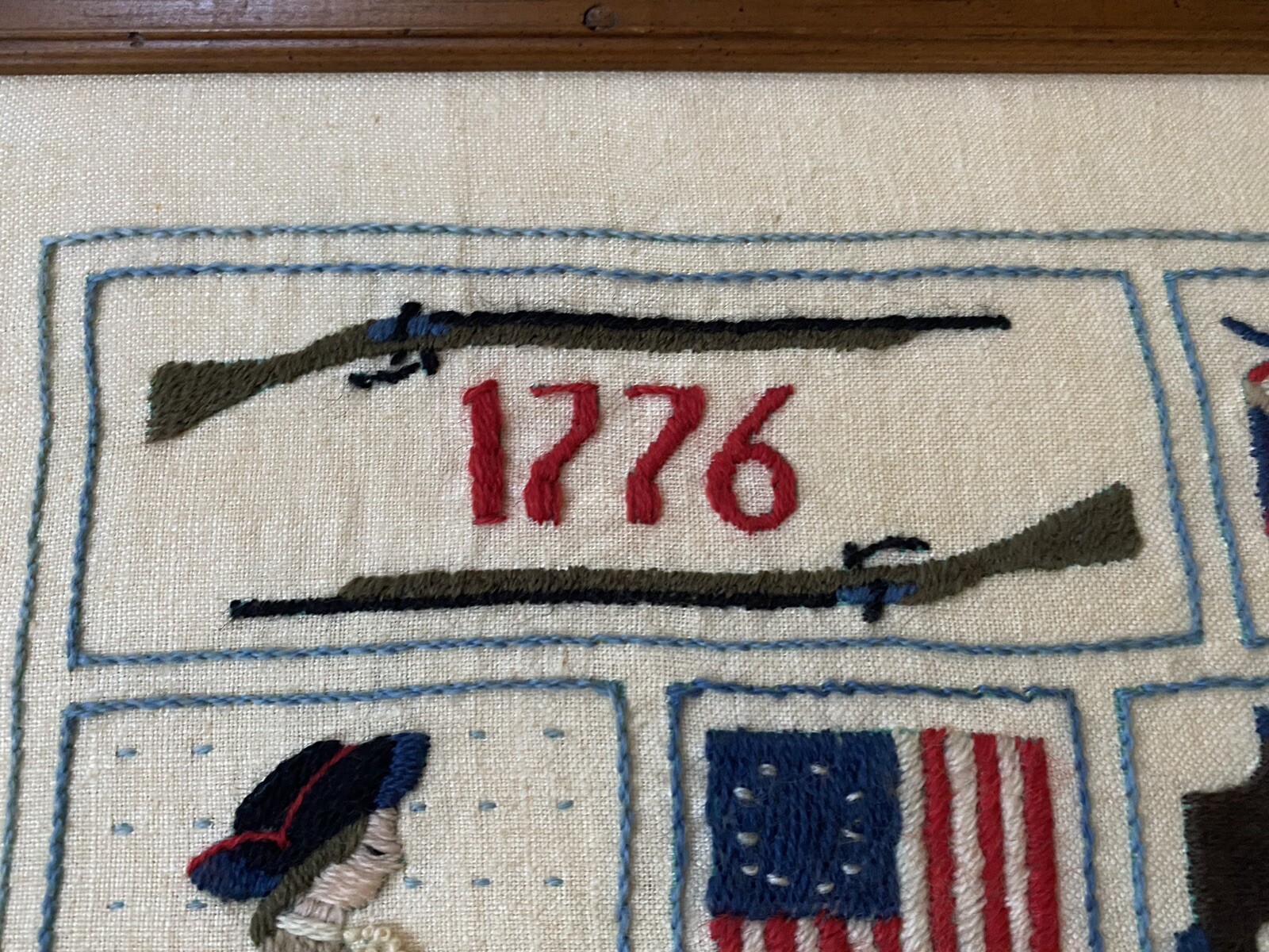 Vintage Framed Revolutionary War/Patriotic Theme Needlepoint Canvas 20×16