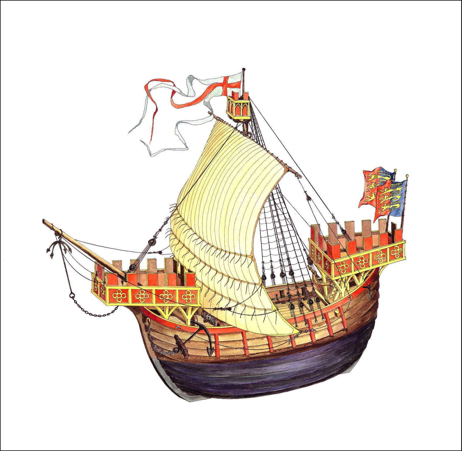 2000 Vintage Ship Print English Cinque Ports Cog 13th Century British Ships
