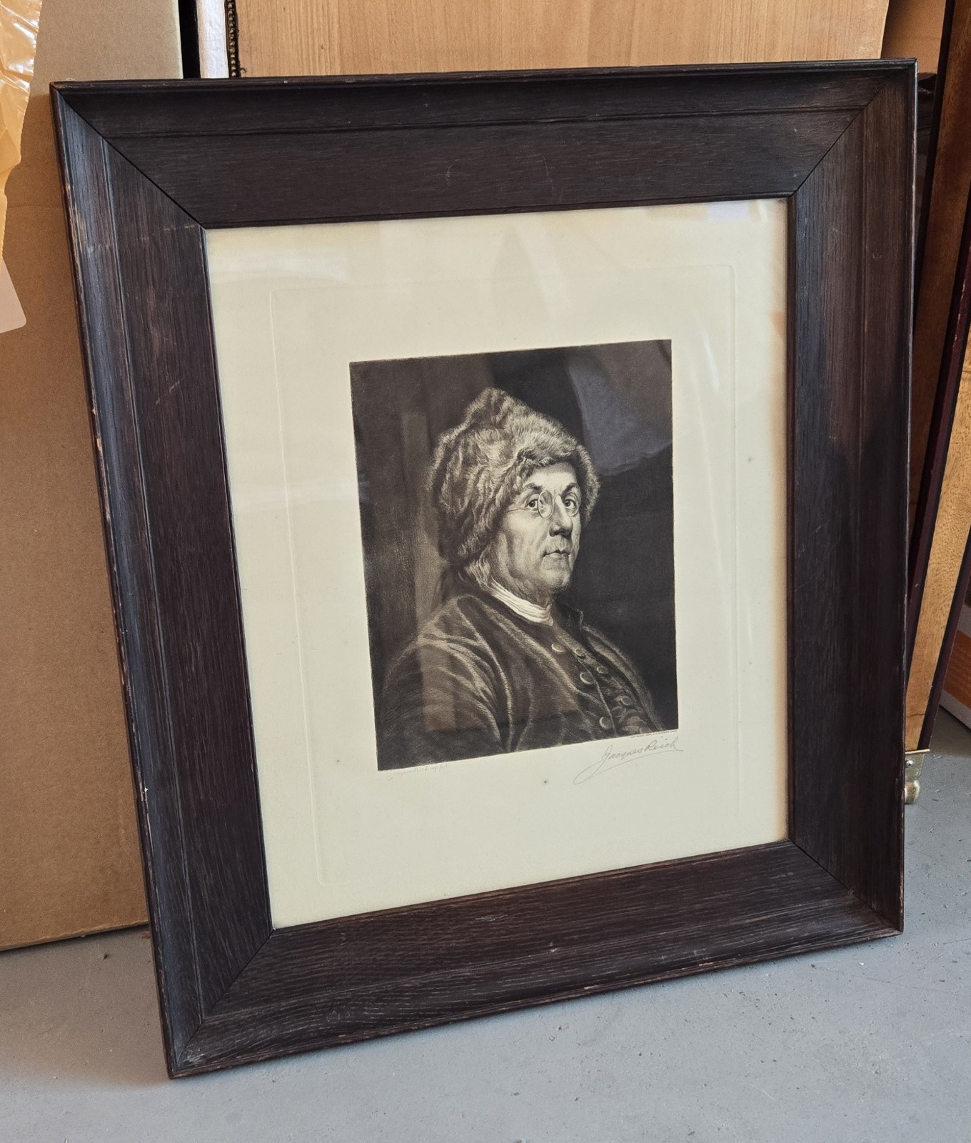 Framed Portrait print of Benjamin Franklin by engraver Jacques Reich 1902