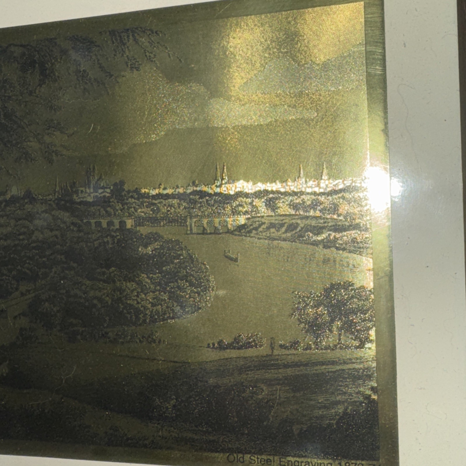 Set of 3 Old Steel Engraving City Prints Etched Gold Foil Prints – Framed 9×11”