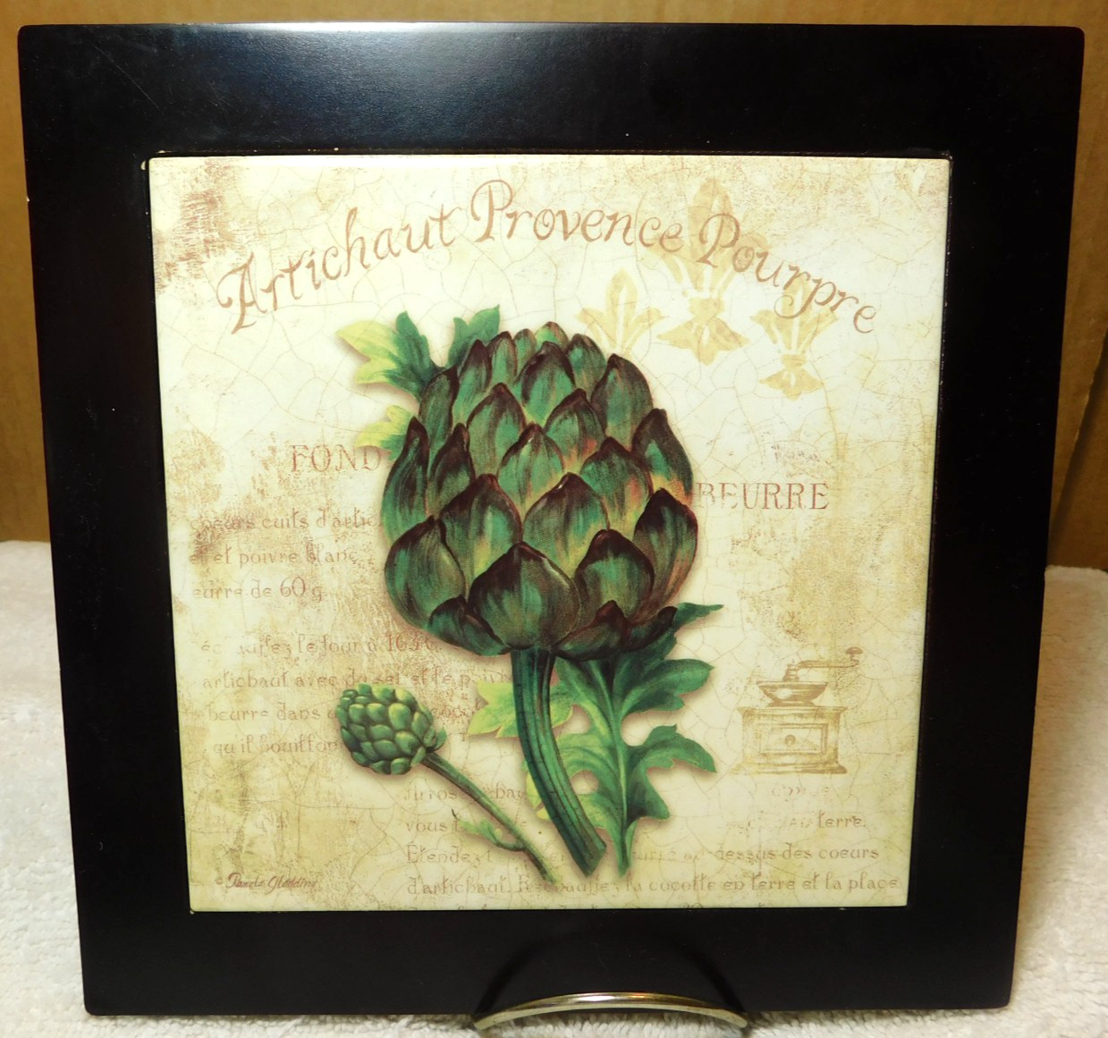 Unbranded~Framed Ceramic Plate/ Trivet Artichoke In Wood Frame Written In French