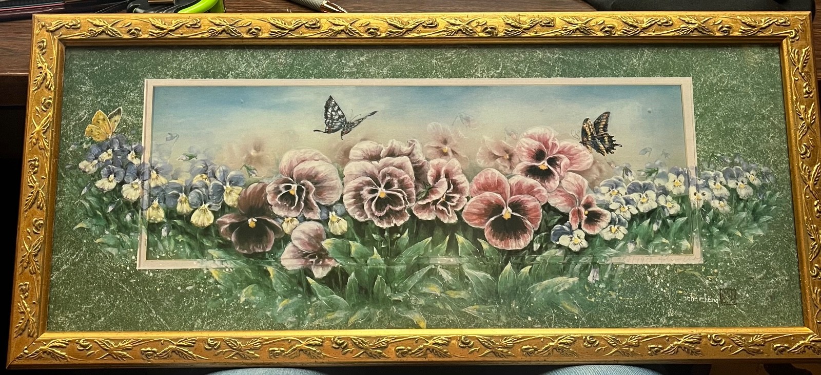 John Cheng pansies & butterflies in a beautiful gold frame!