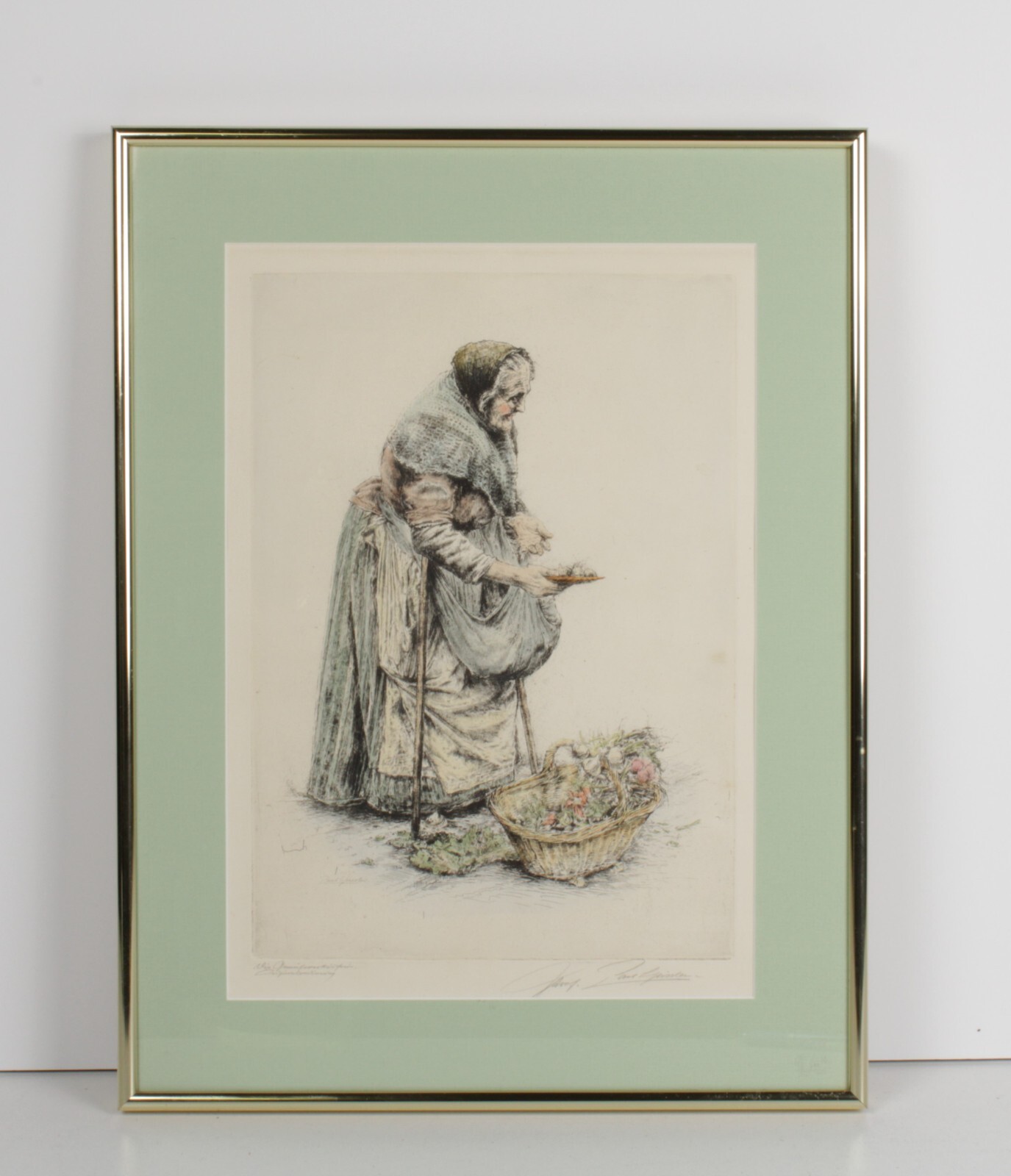 Hand Colored Signed Paul Geissler Etching The Vegetable Seller