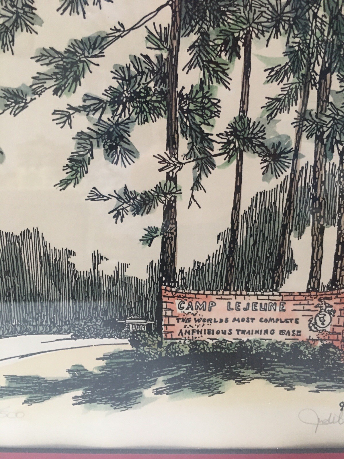 Print 1/500 Camp Lejeune Matted & Framed by Artist Judith Putton 1983 16″ X 13″