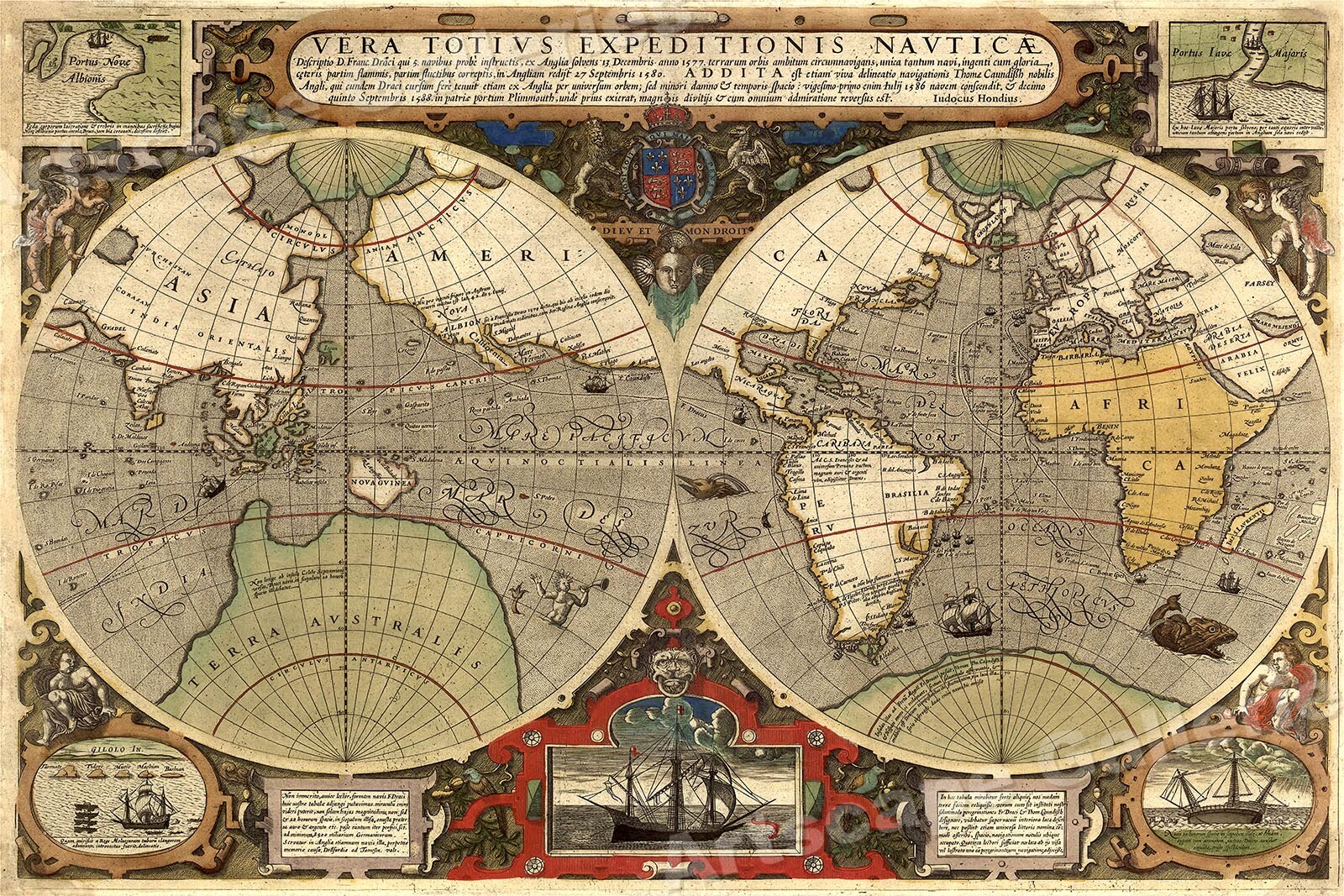 1590s Old World Map Poster – Francis Drake’s Voyages around the World – 20×30
