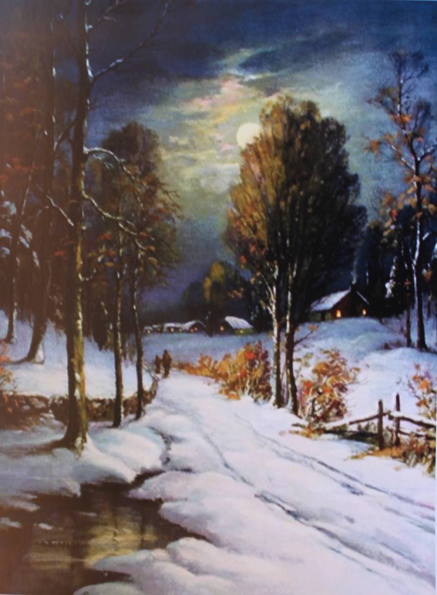 vintage art Snowy Road Moon Light Cabins Wm Thompson