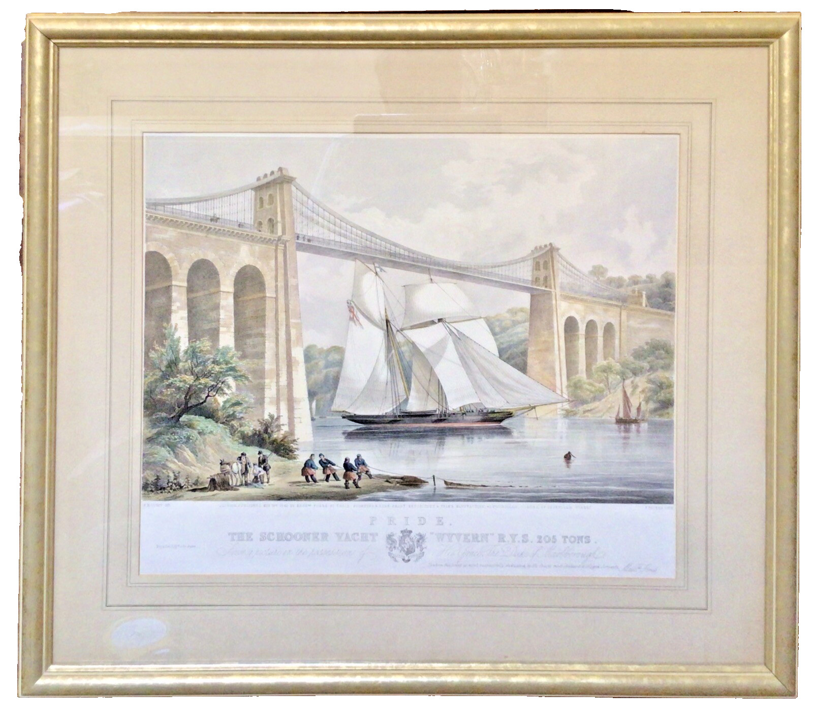 1849 ANTIQUE LITHOGRAPH WYVERN Schooner Yacht HAND COLORED Original Stone FRAMED