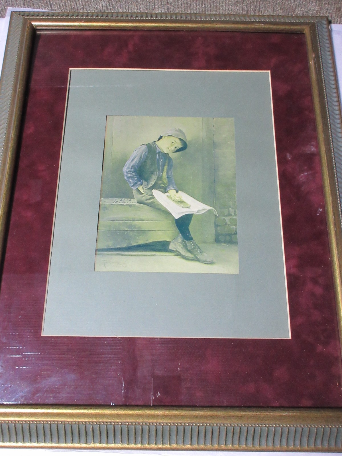 ANTIQUE BOY IN KNICKERS PRINT 7 1/2″ X 5 3/4″ WOOD FRAME 20 1/2″ X 16 1/2″