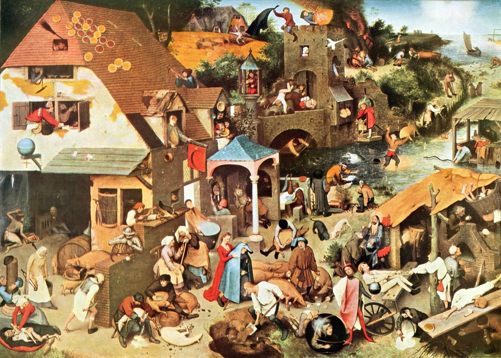Bruegel the Elder, Flemish Proverbs, Renaissance Genre Vintage Art Print 1958