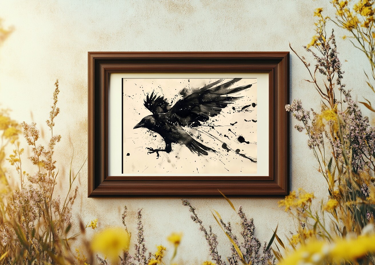 Dramatic Raven in Flight, Ink Painting Print 5″x7″ on Matte Paper
