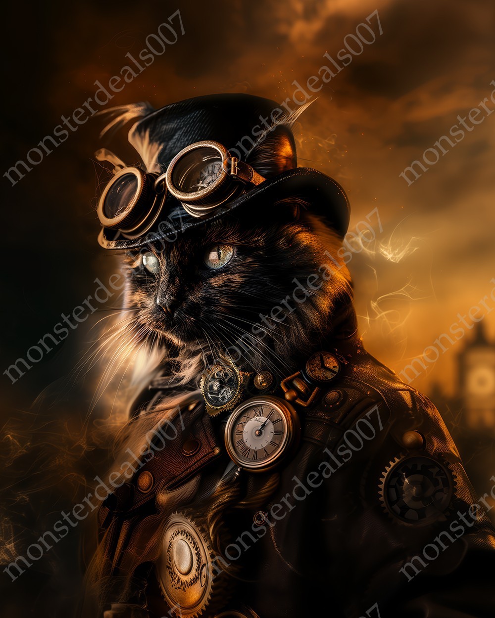Steampunk Tortie Cat with Top Hat and Goggles – 8×10 Victorian Fantasy Art Print