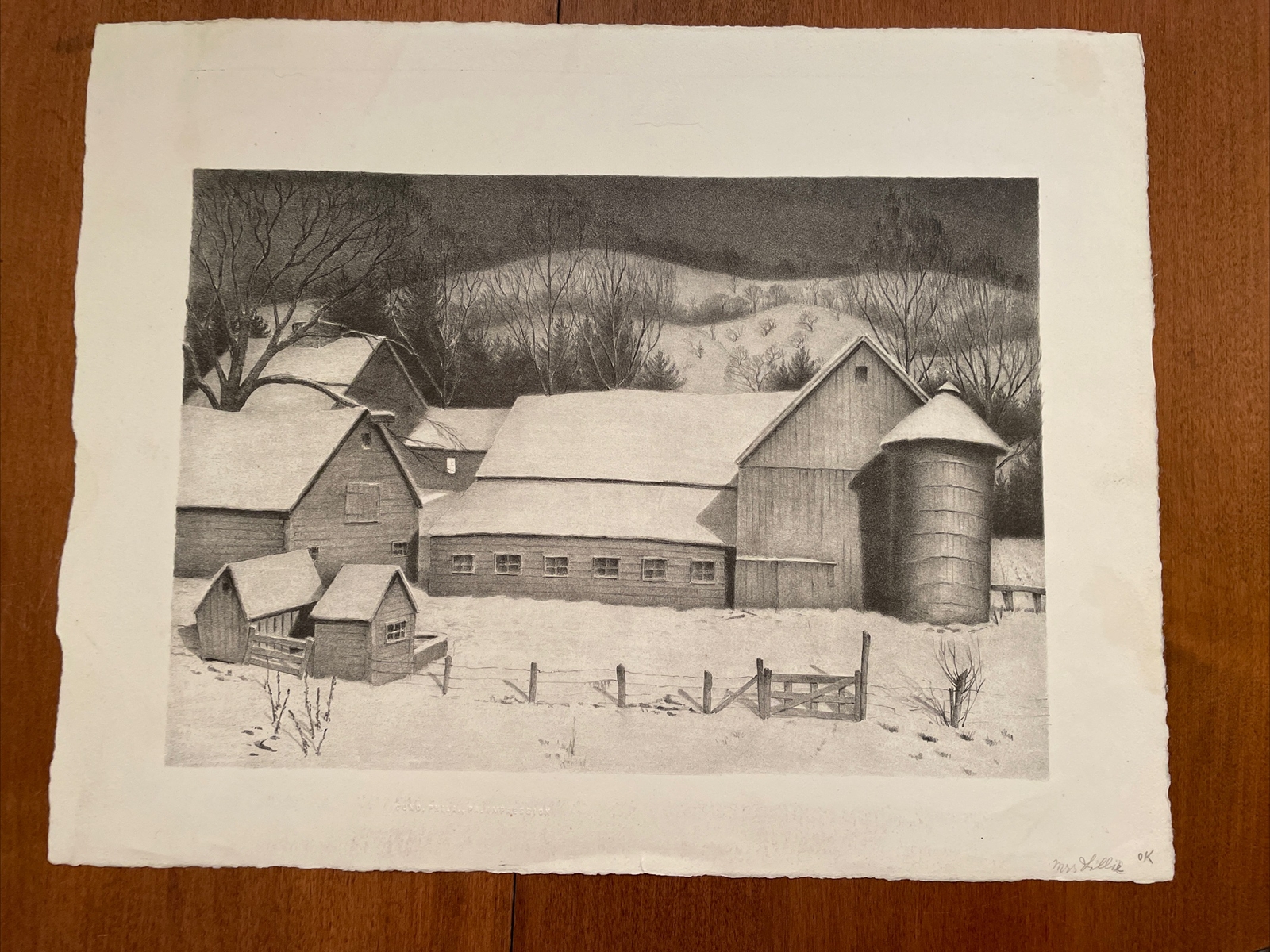 1940s Lithograph Ella Fillmore Lillie OK Vermont? Barn Farm Silo Snow Animal Pen