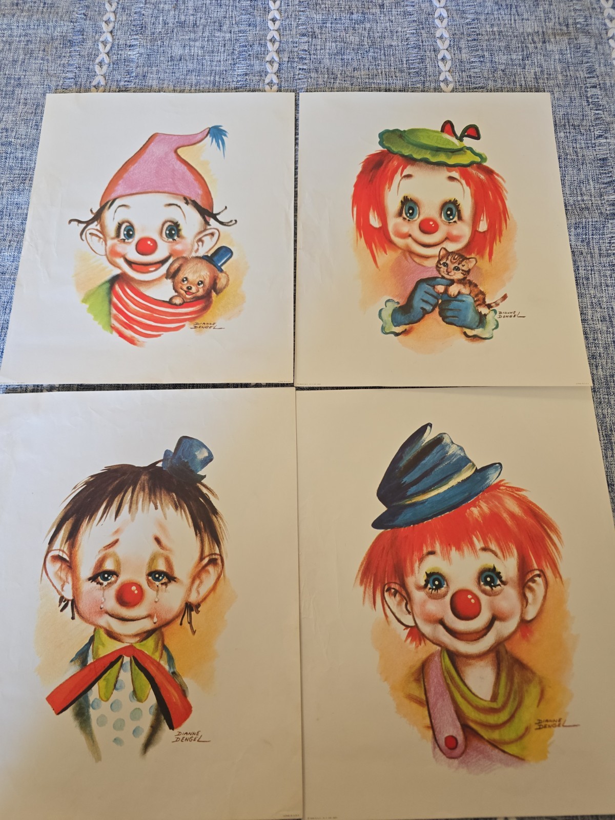 Vintage Dianne Dengel Clown Prints Set of 4 1965 Kordite Big Eye Hobo Art