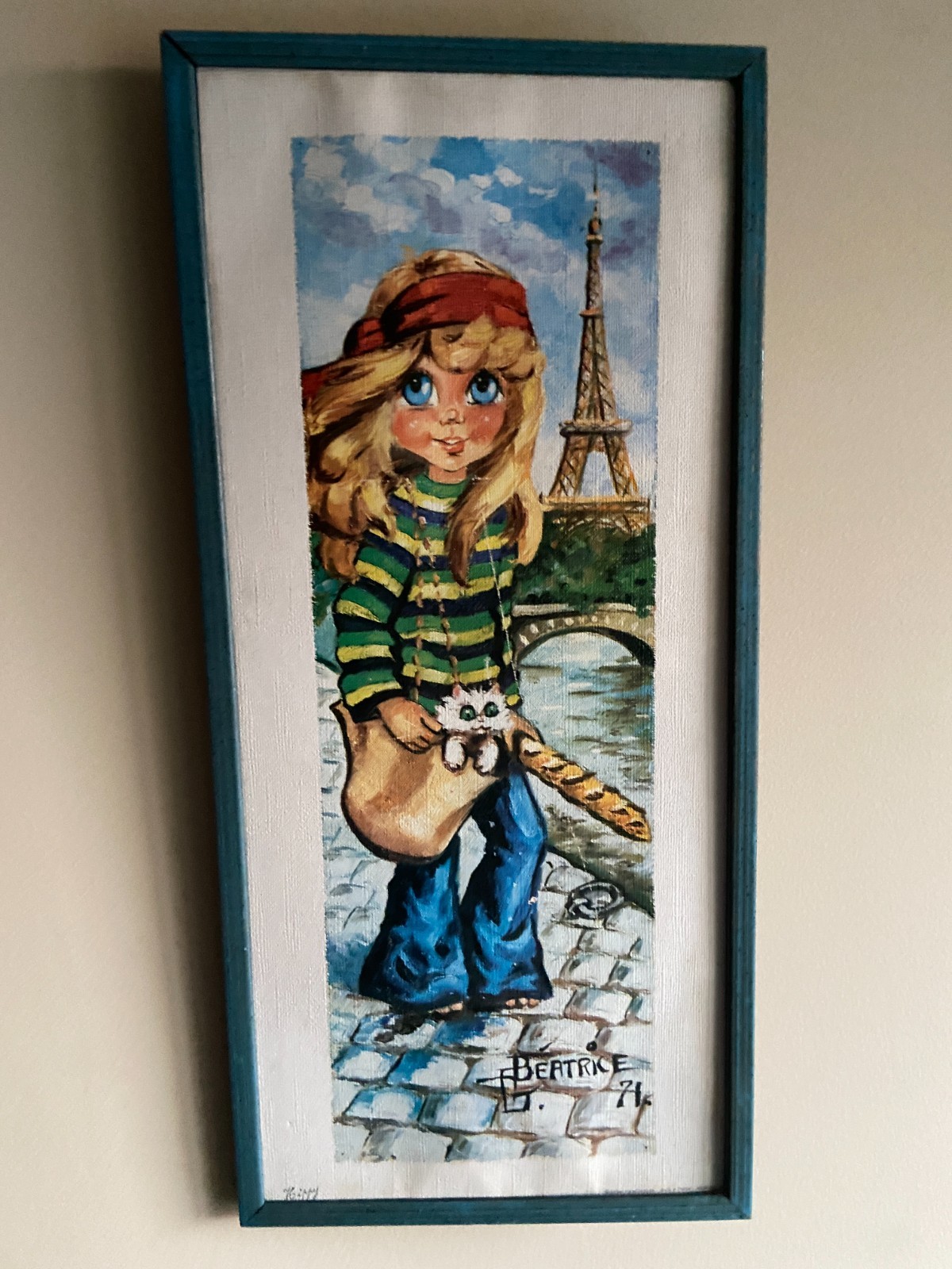 Beatrice Print Girl with Cat Eiffel Tower 1971 Print Framed Vintage 9.5 by 20.5