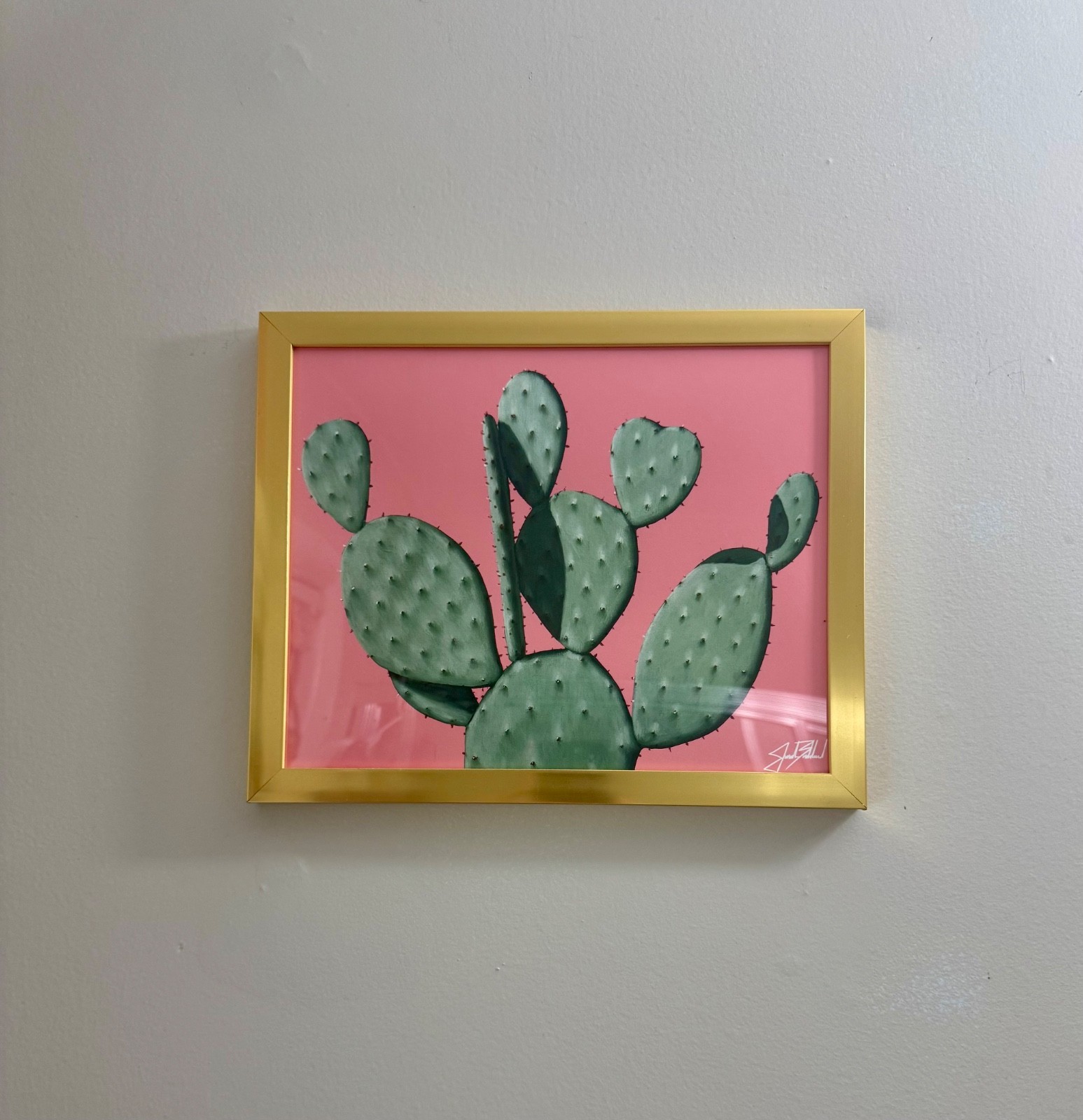 8×10 inch gold framed print realistic cactus with pink background