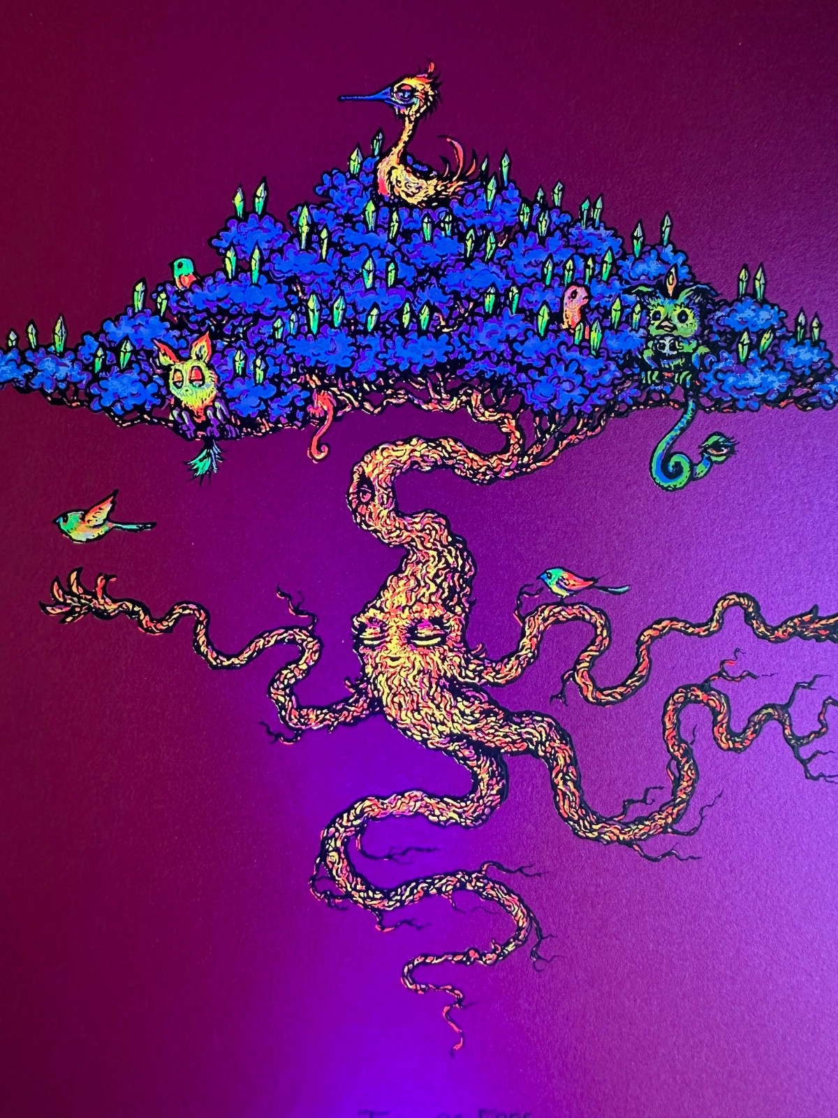 Marq Spusta Signed Tree Be Free on Fuchsia Red Paper 5×7 print UV Inks