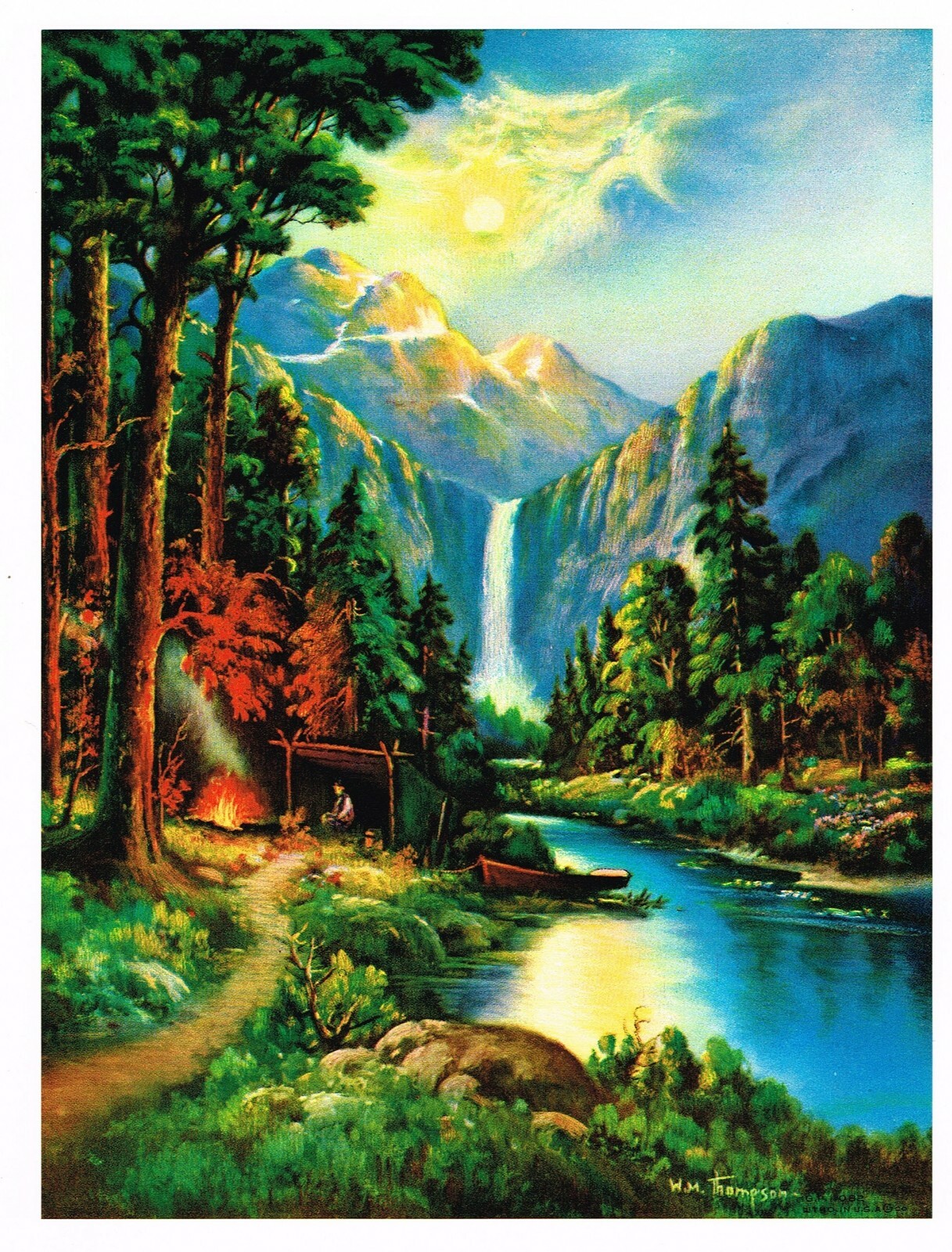ORIGINAL VINTAGE CALENDAR PRINT LITHOGRAPHY C1950 NATURE FISHING CAMP LANDSCAPE