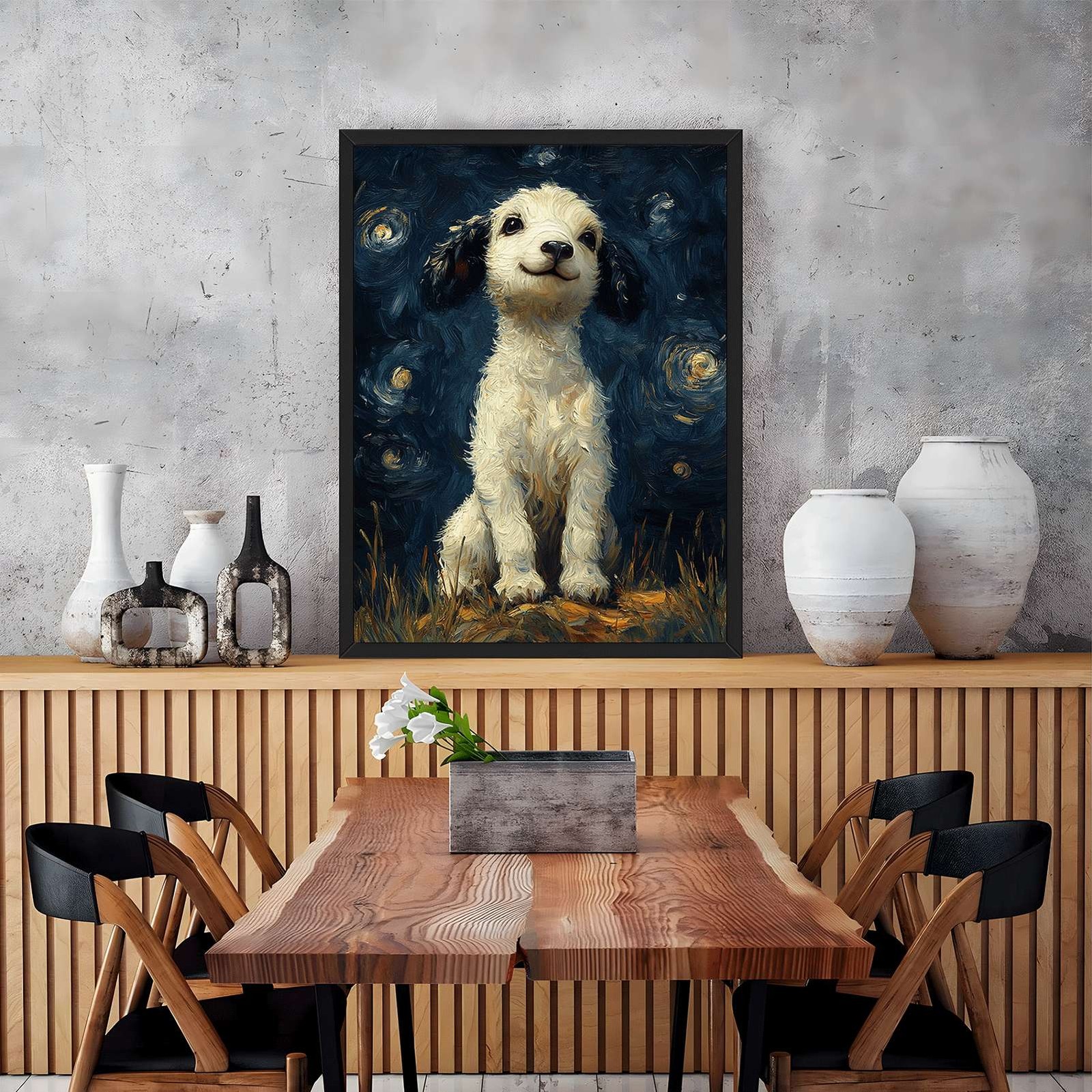 Whimsical Dog Portrait Framed Canvas Print Starry Night Wall Art Home Decor