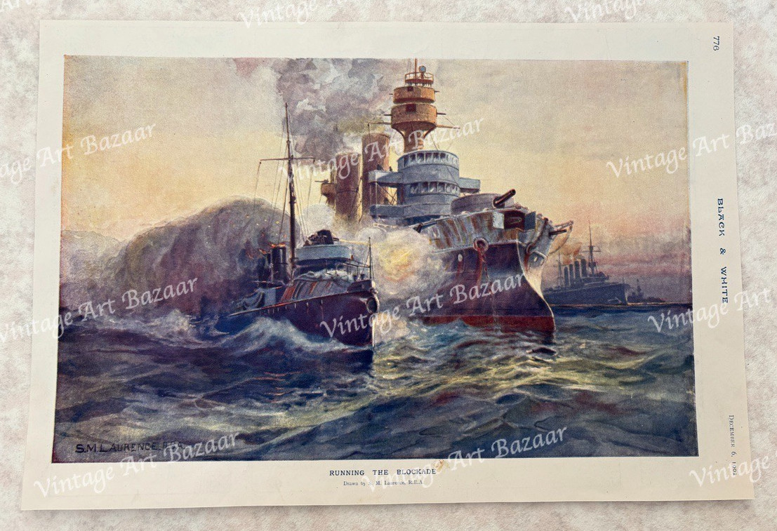 Sydney Mortimer Laurence Running the Blockade Naval Ships 1902 antique art print