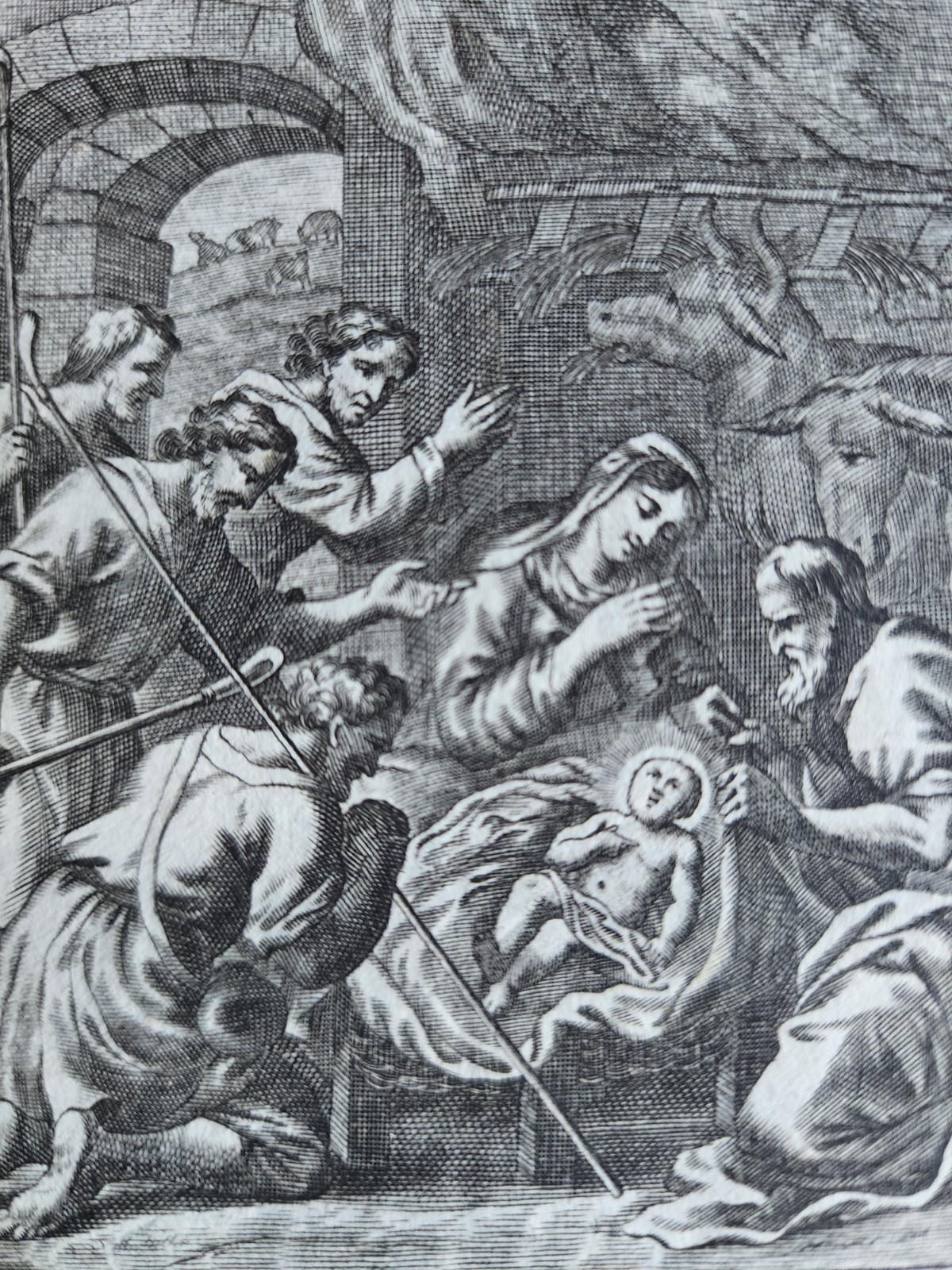 Antique 1710 Bible Print – Luke 2:16 – Shepherds Make Haste to Find the Babe