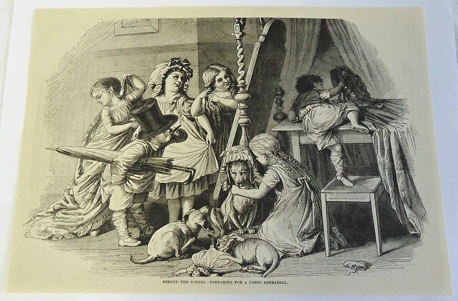 1883 magazine engraving~ PREPARING FOR DRESS REHEARSAL Children, Costume Theatre