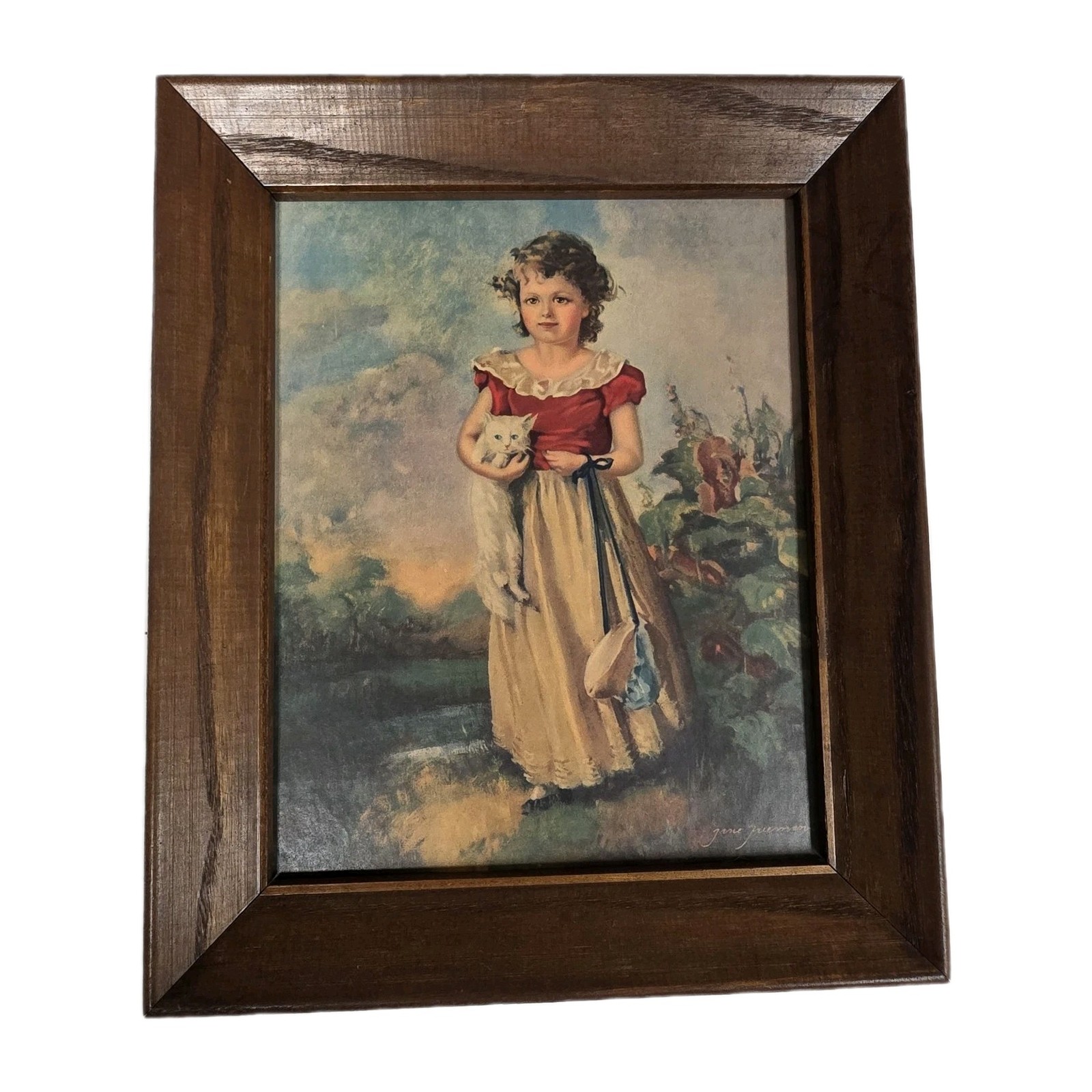 Vintage Jane Freeman Framed Print Pair Boy with Dog Girl with Cat Chums MCM