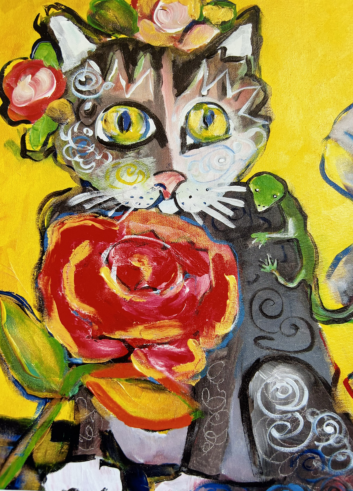 Art Photo Print CROOKED TAIL CAT W/ ROSE 11×8.5 inches Glossy Paper Mary Hillier