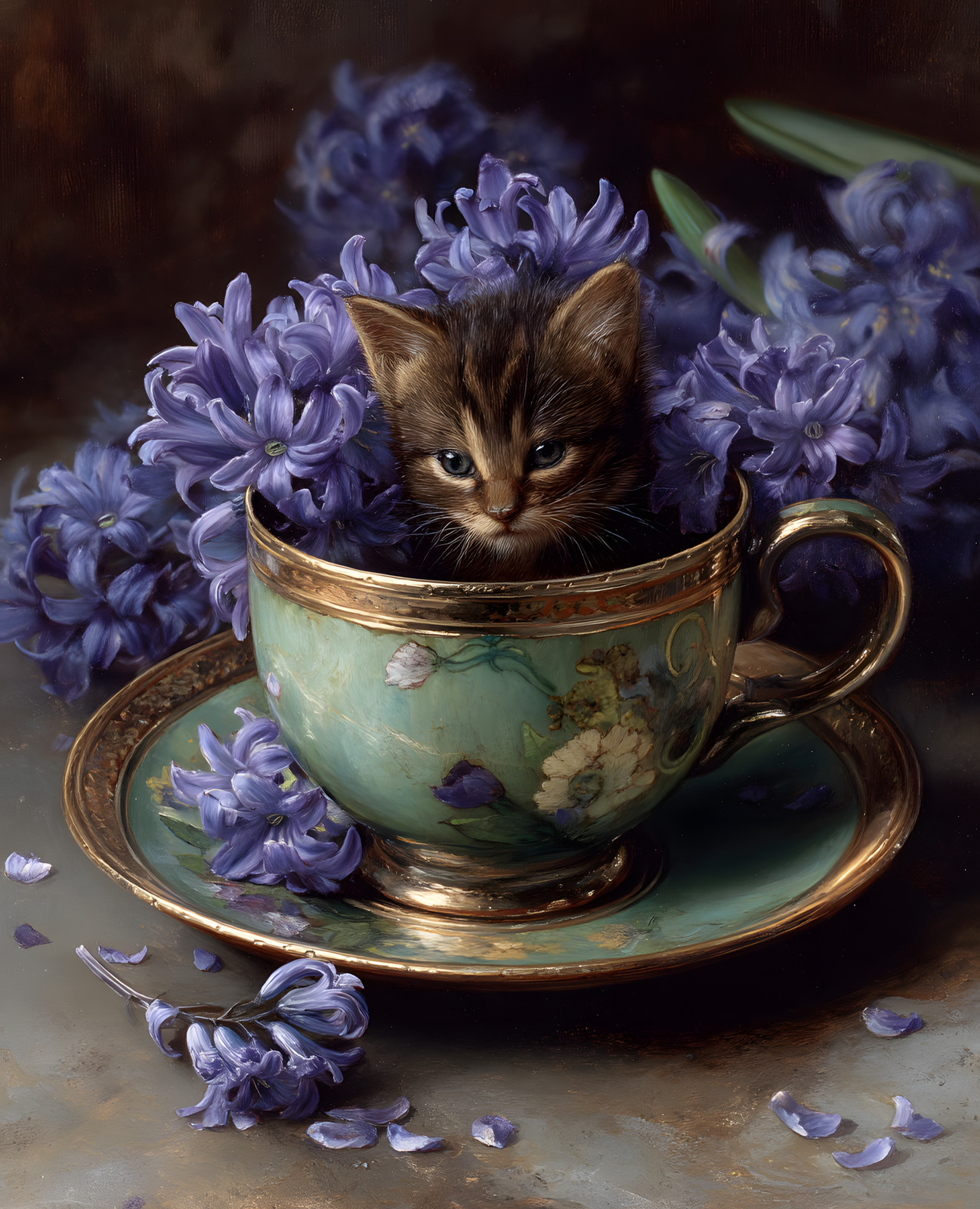 8×10 Kitten in Tea Cup Surrounded by Purple Flowers Art Print – 592208548