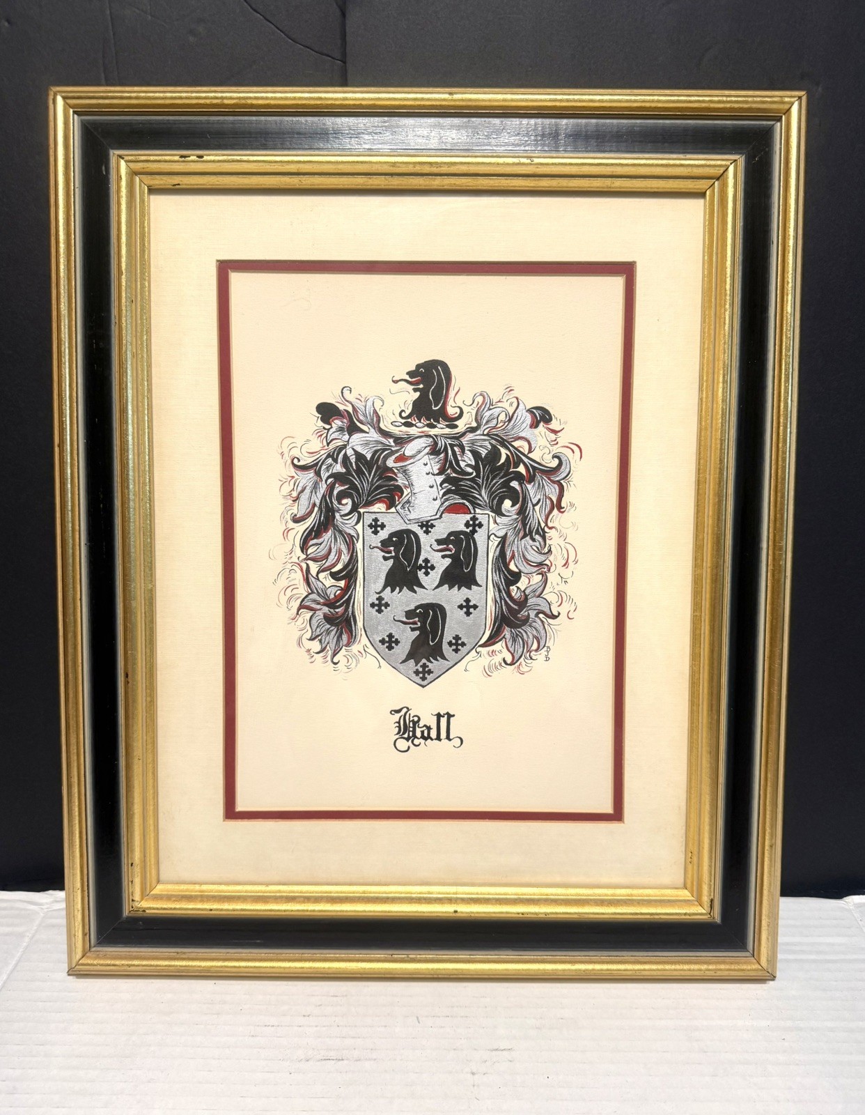 Beautiful Vintage “HALL” Coat of Arms Matted & Framed Art Print Heraldic Crest