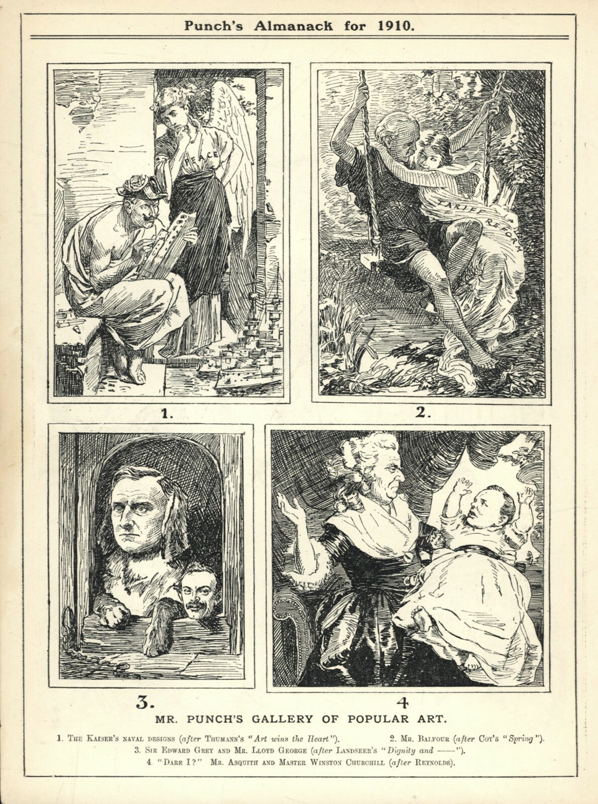 POLITICAL SATIRE CARTOONS – 2-Pages – 1910 PUNCH MAGAZINE [Roosevelt/Churchill]