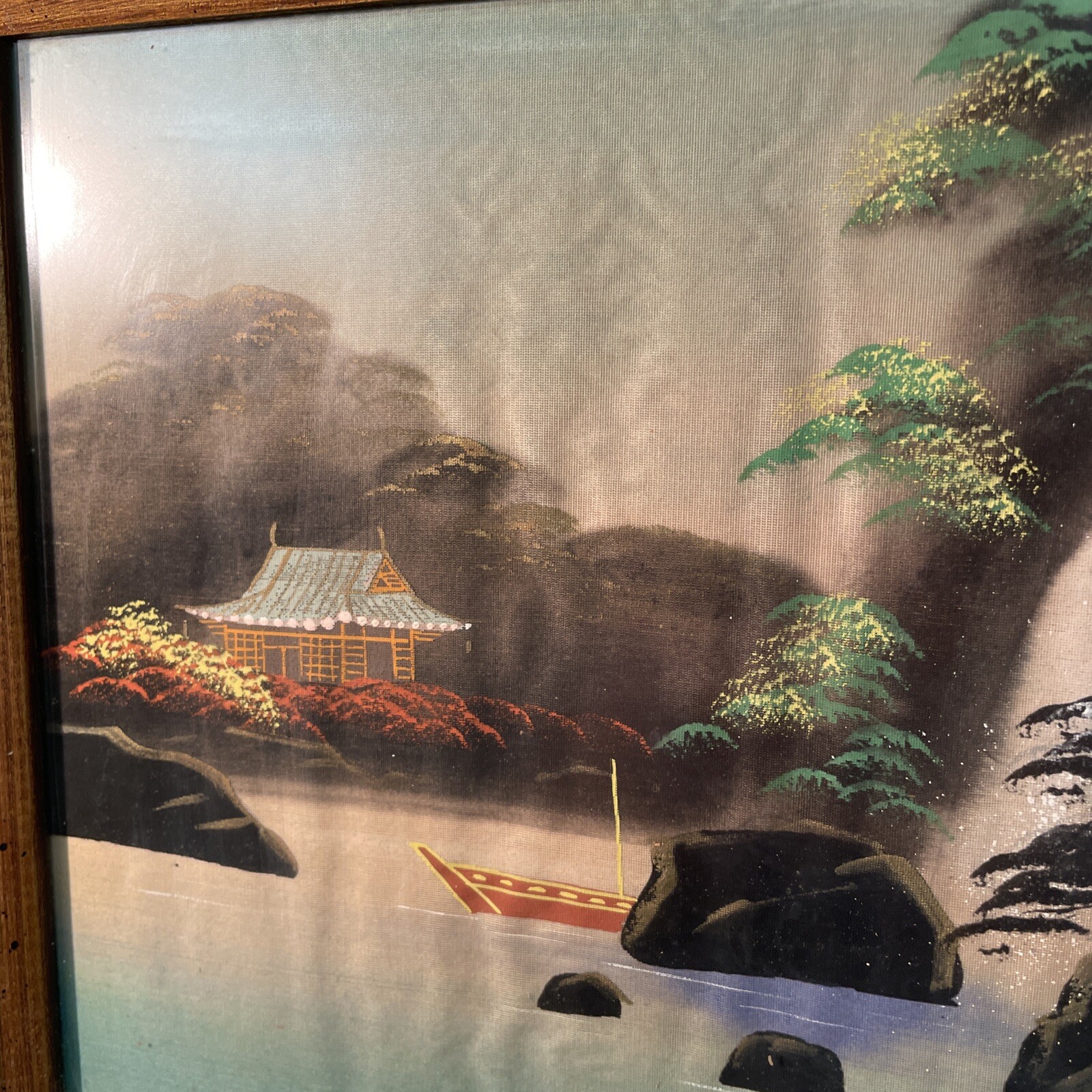 VINTAGE HAND PAINTED ON SILK?Waterfall Pagoda SIGNED Framed 17.5”x15.5”