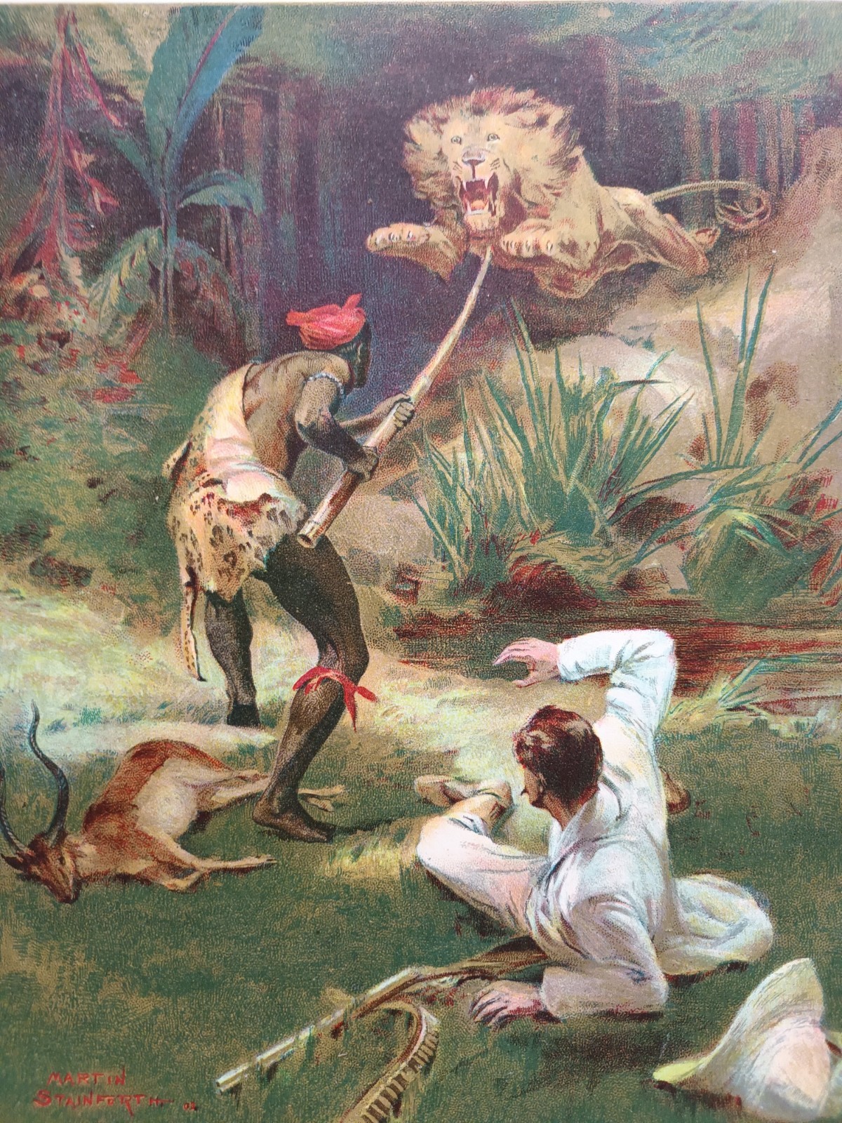 BIG GAME HUNTING – THE LION HUNTER BY MARTIN STAINFORTH – ANTIQUE PRINT c1903