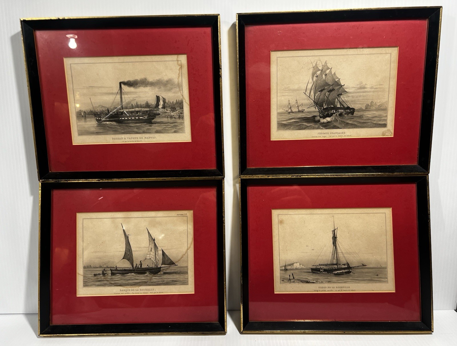 Set of 4 Vintage French Naval Ship Engravings Framed Nautical Art Navires Series