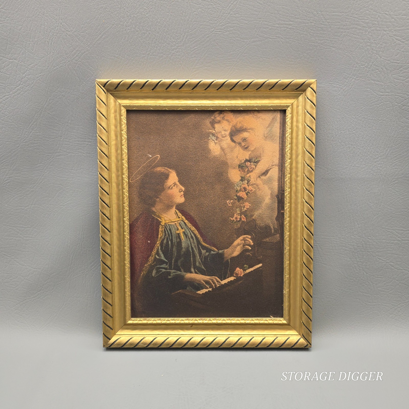 Vintage Colored Lithograph Picture St. Cecelia by Naujok Wood Frame 14″ x 11.5″