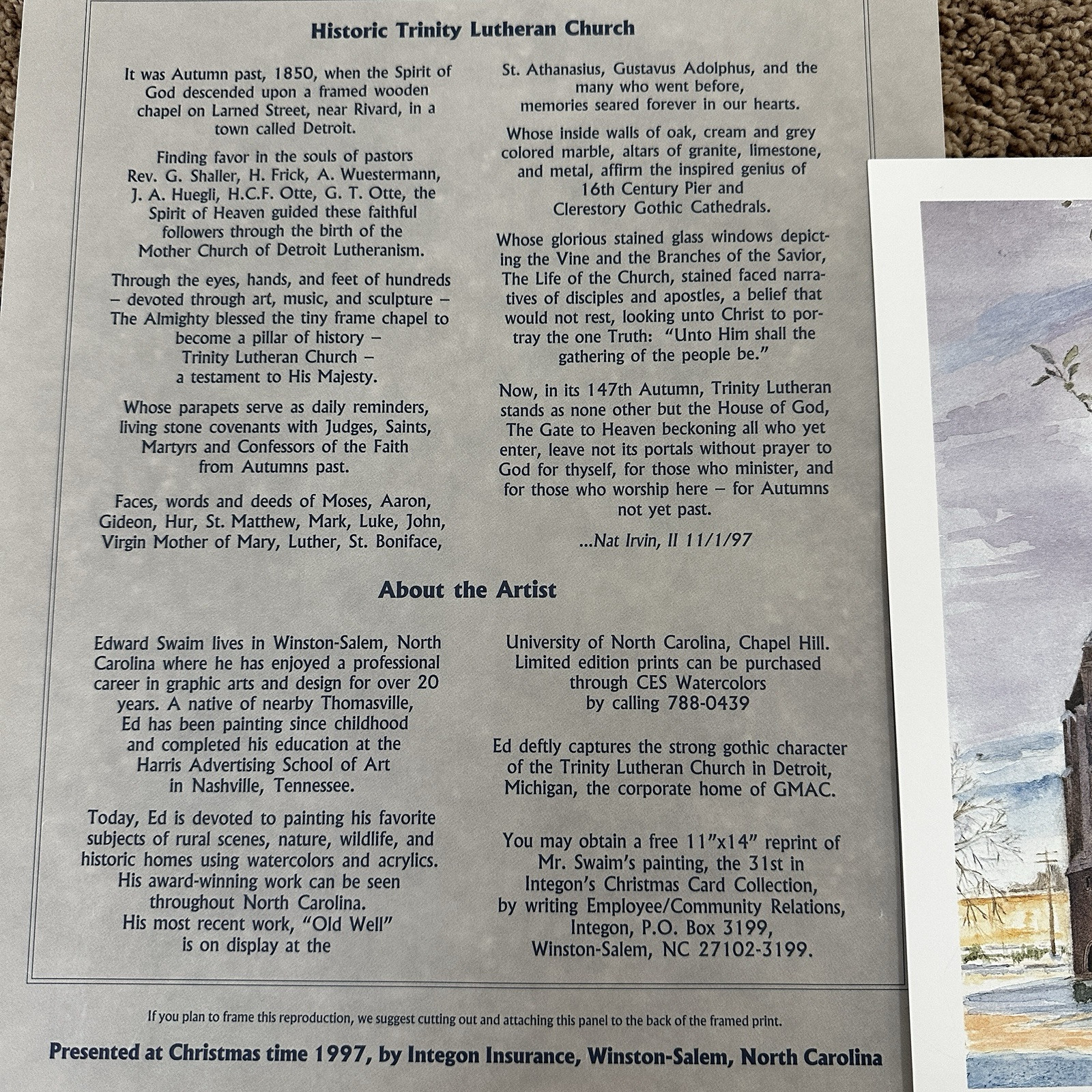 Vtg 1997 Historic Trinity Lutheran Church Painting Print Christmas 11×14 Detroit