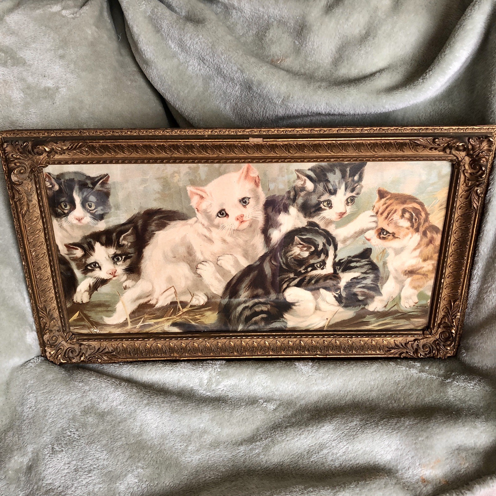 Vintage Antique Framed Victorian Print Yard of Kittens Cats Lithograph ￼8”x 16”